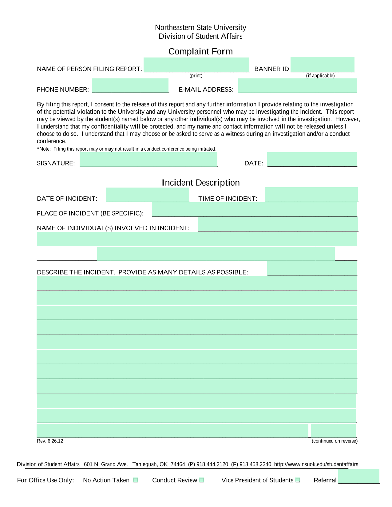 Complaint Form screenshot