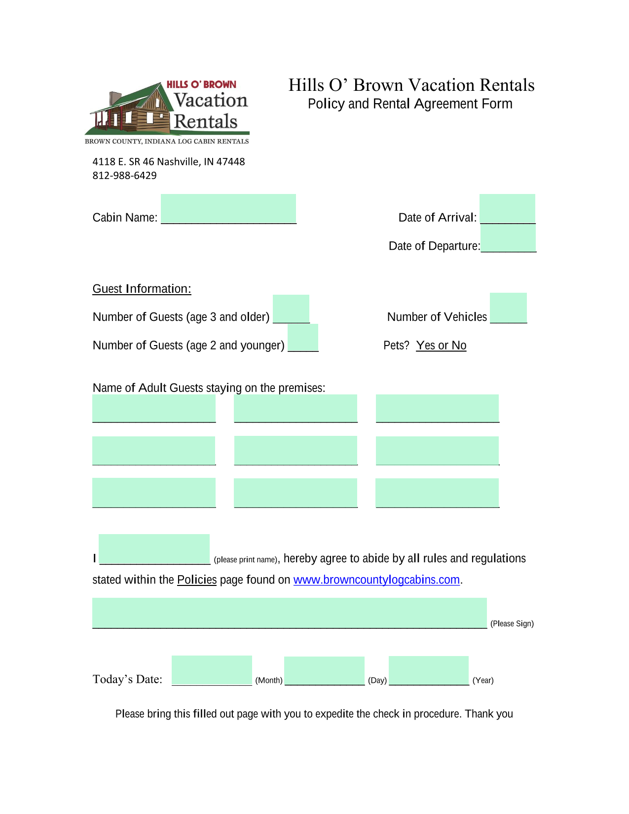 Hills O Brown Vacation Rentals Policy And Rental Agreement Form screenshot