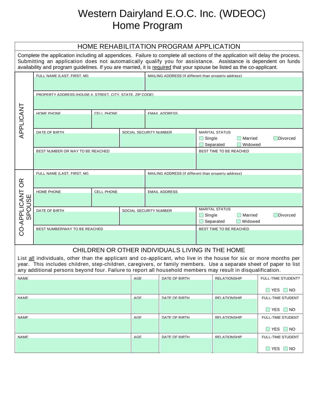 HOME REHABILITATION PROGRAM APPLICATION screenshot