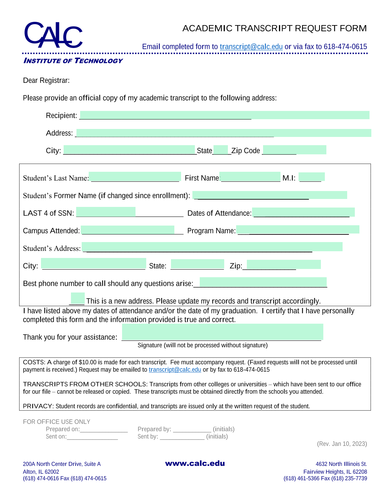 Academic Transcript Request Form screenshot