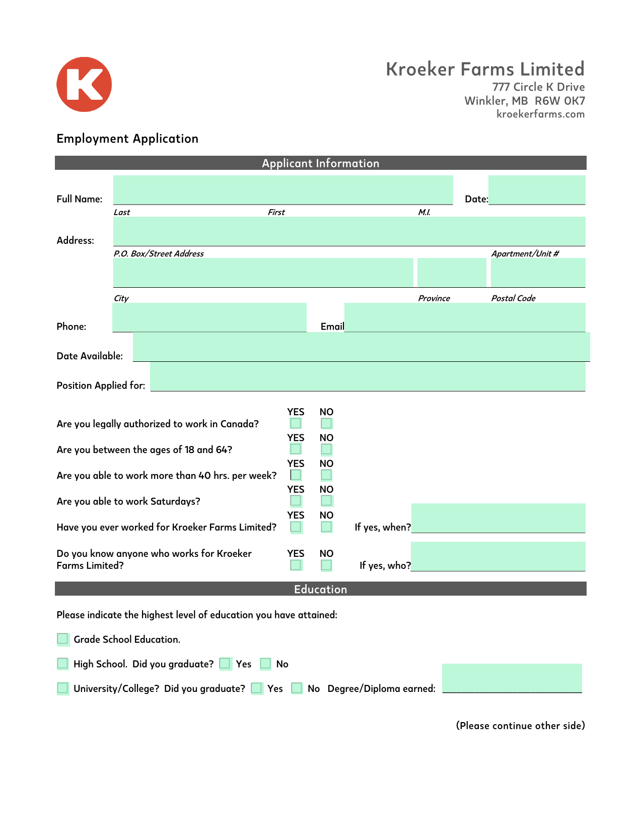 Employment Application screenshot