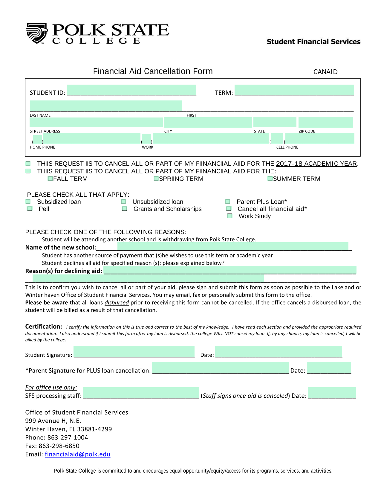 Financial Aid Cancellation Form screenshot