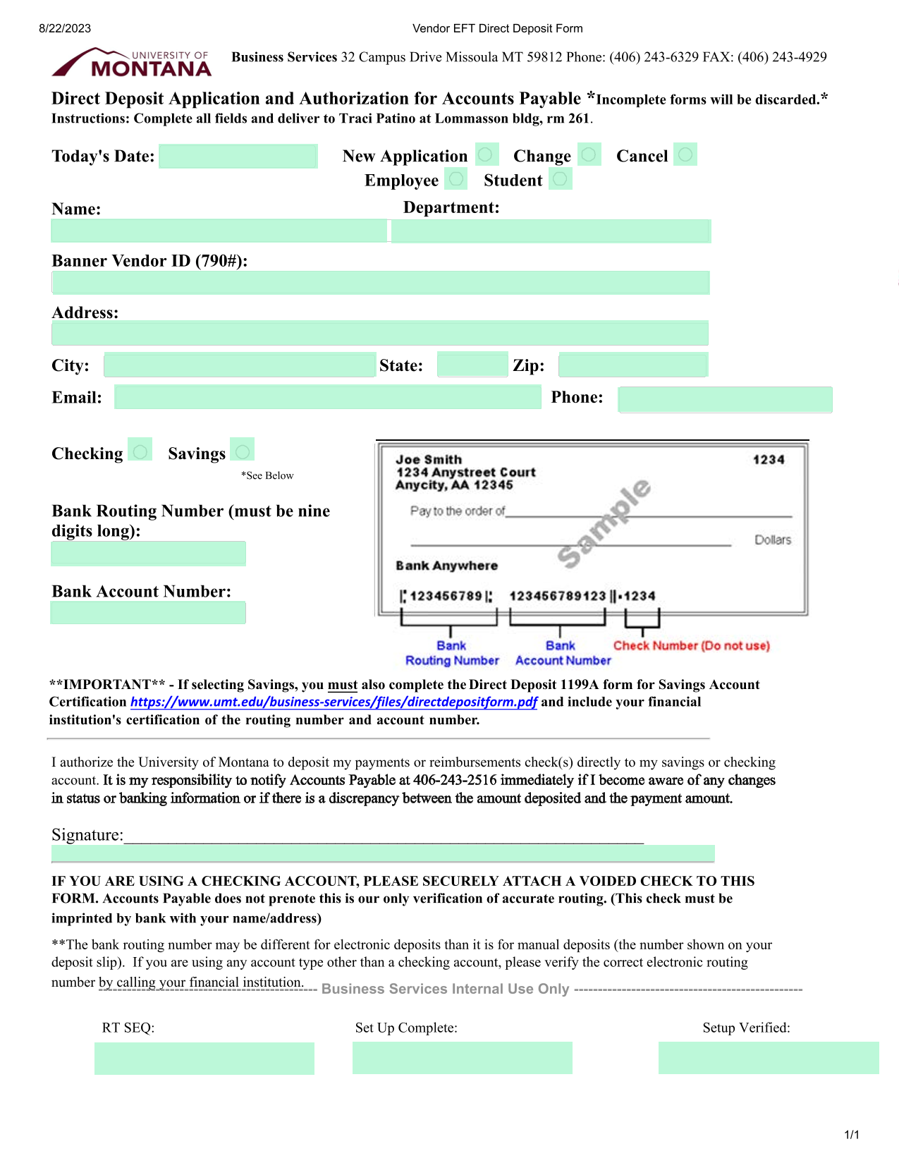 Vendor EFT Direct Deposit Form screenshot