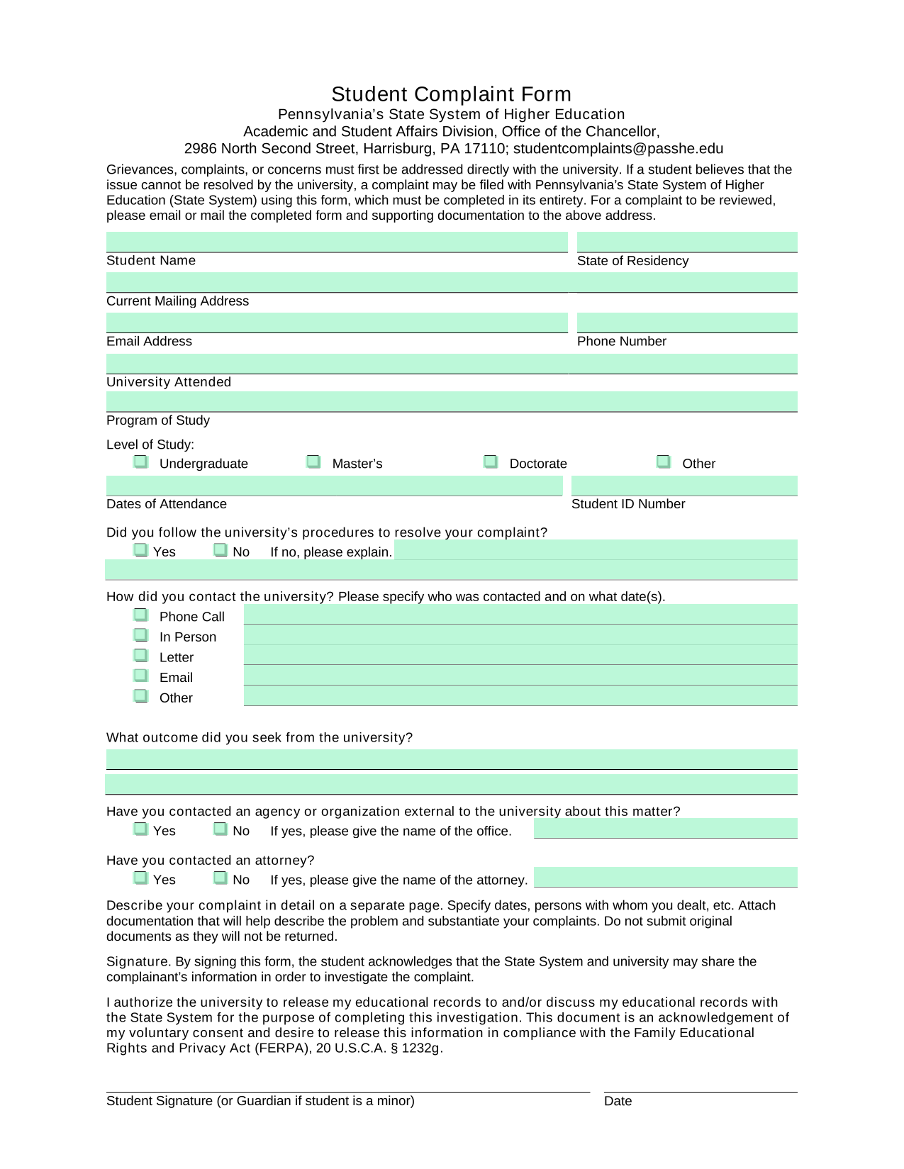 Student Complaint Form screenshot