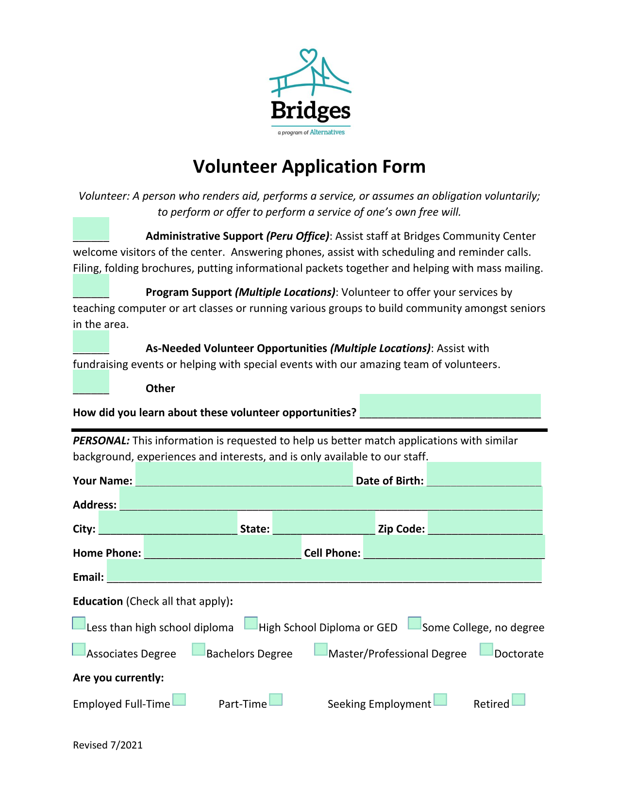 Volunteer Application Form screenshot
