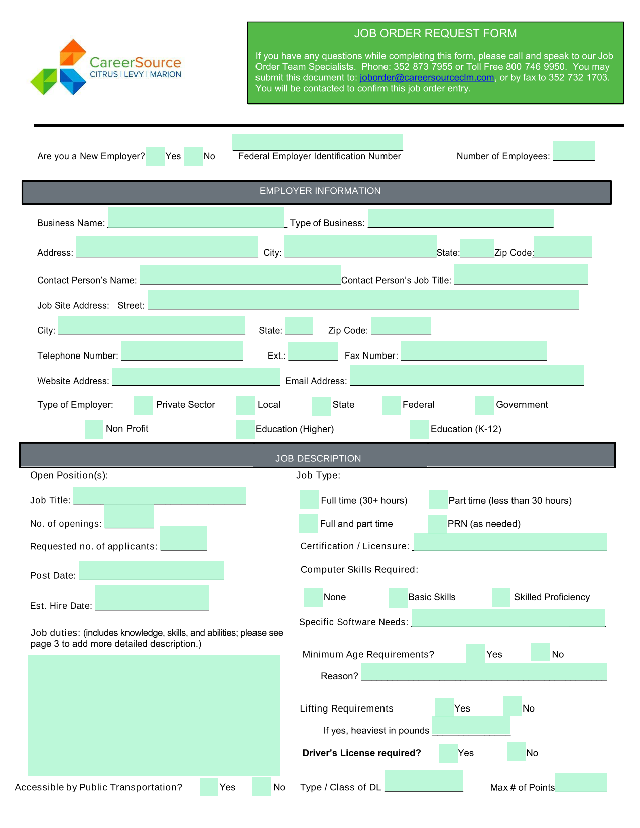 Job Order Request Form screenshot