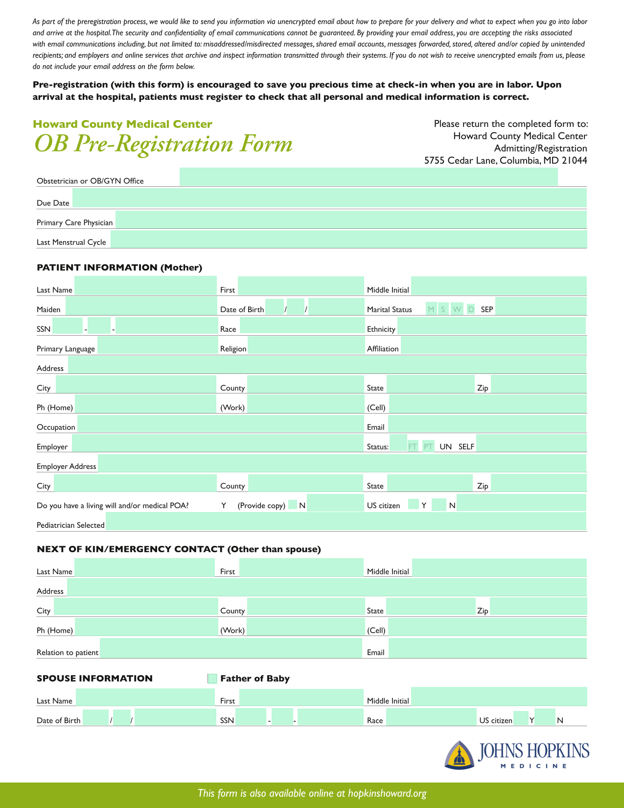OB Pre Registration Form screenshot