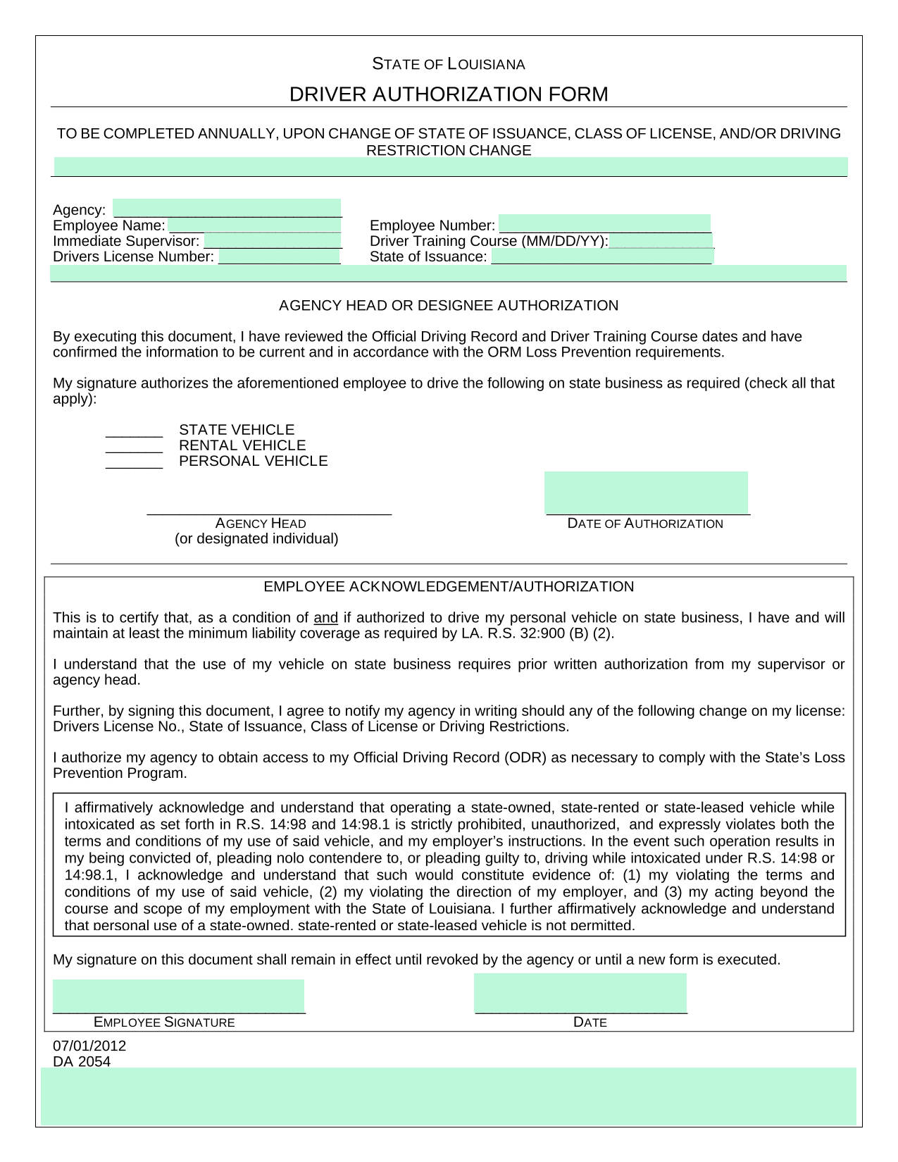 STATE OF LOUISIANA DRIVER AUTHORIZATION FORM screenshot