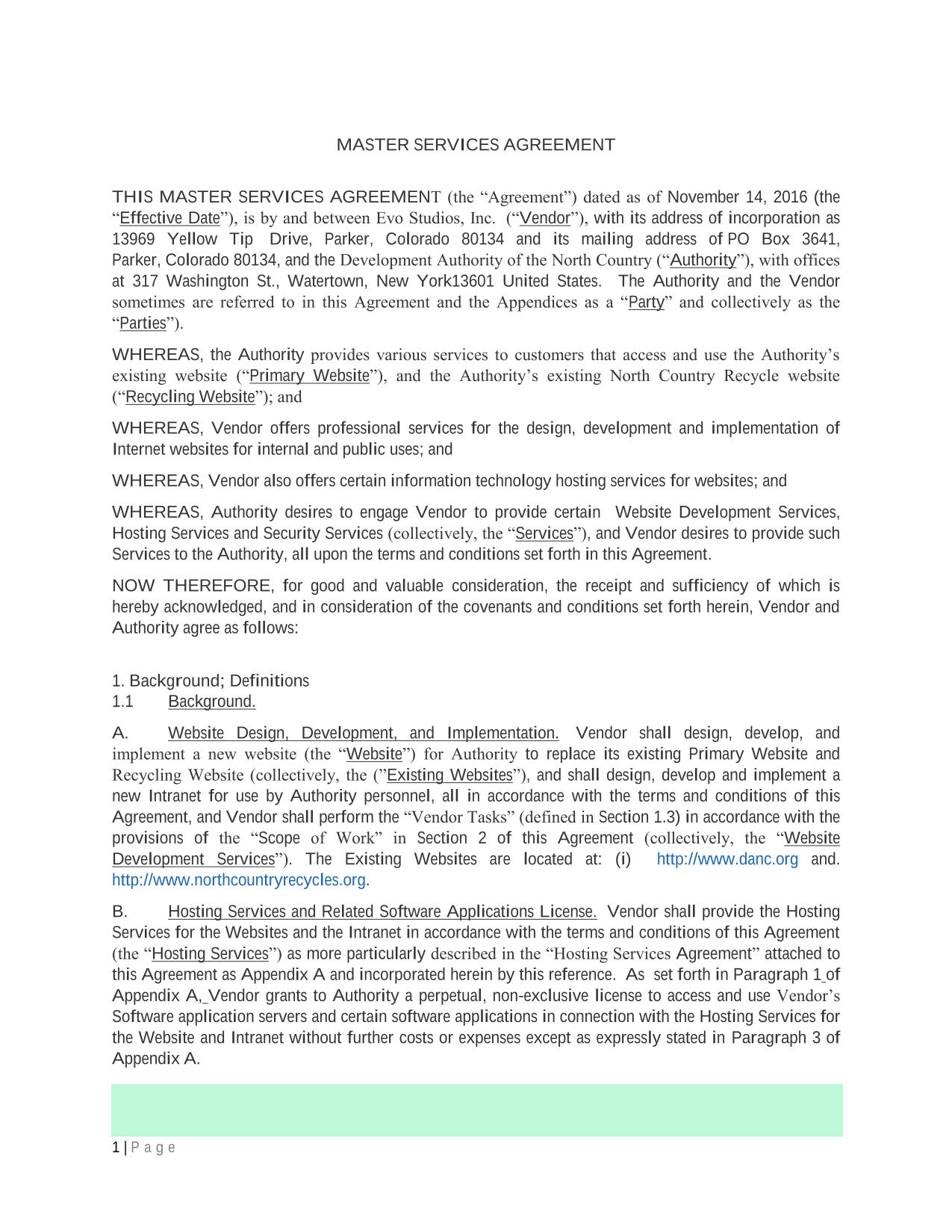 Master Services Agreement screenshot