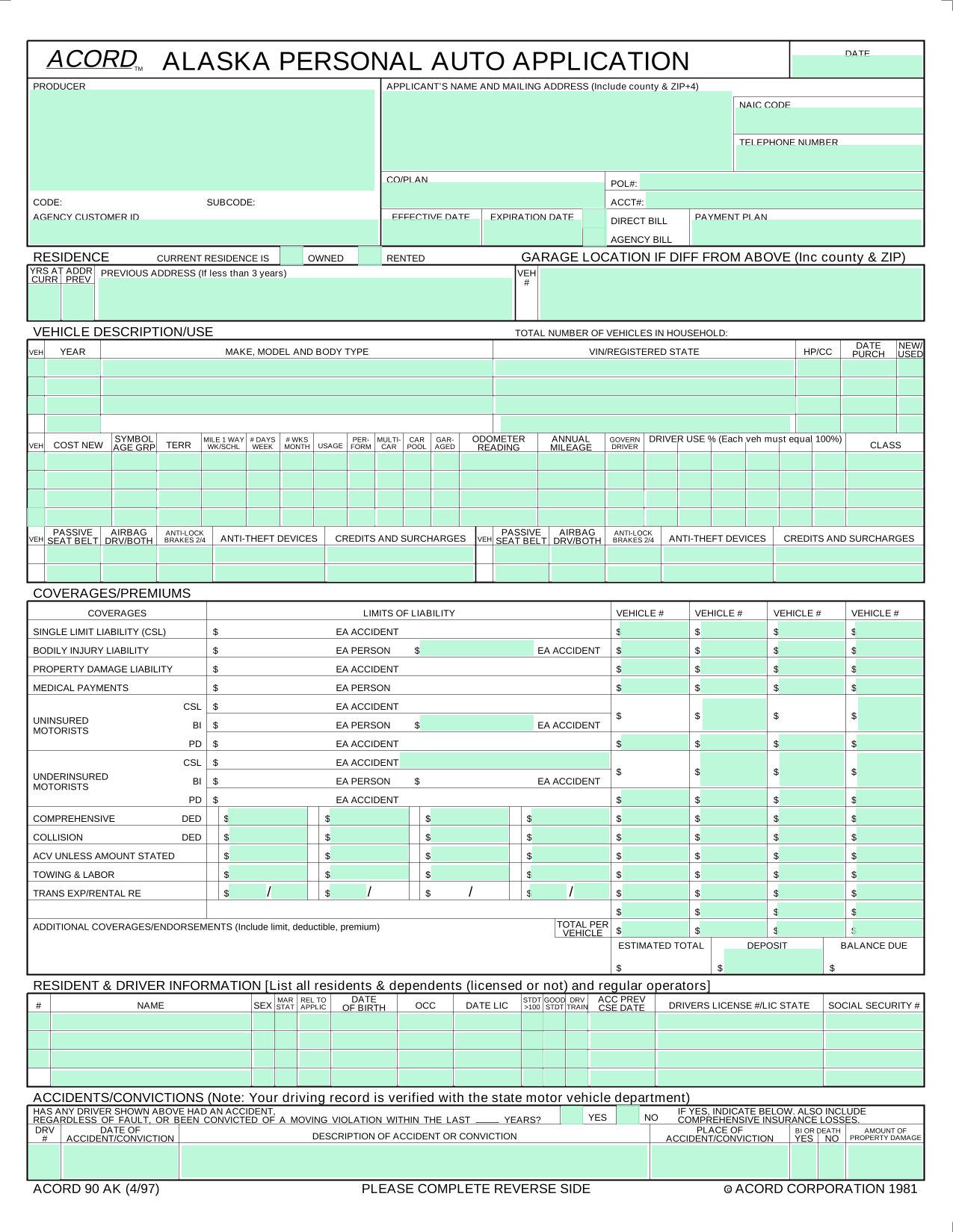 Alaska Personal Auto Application (ACORD 90 AK) screenshot
