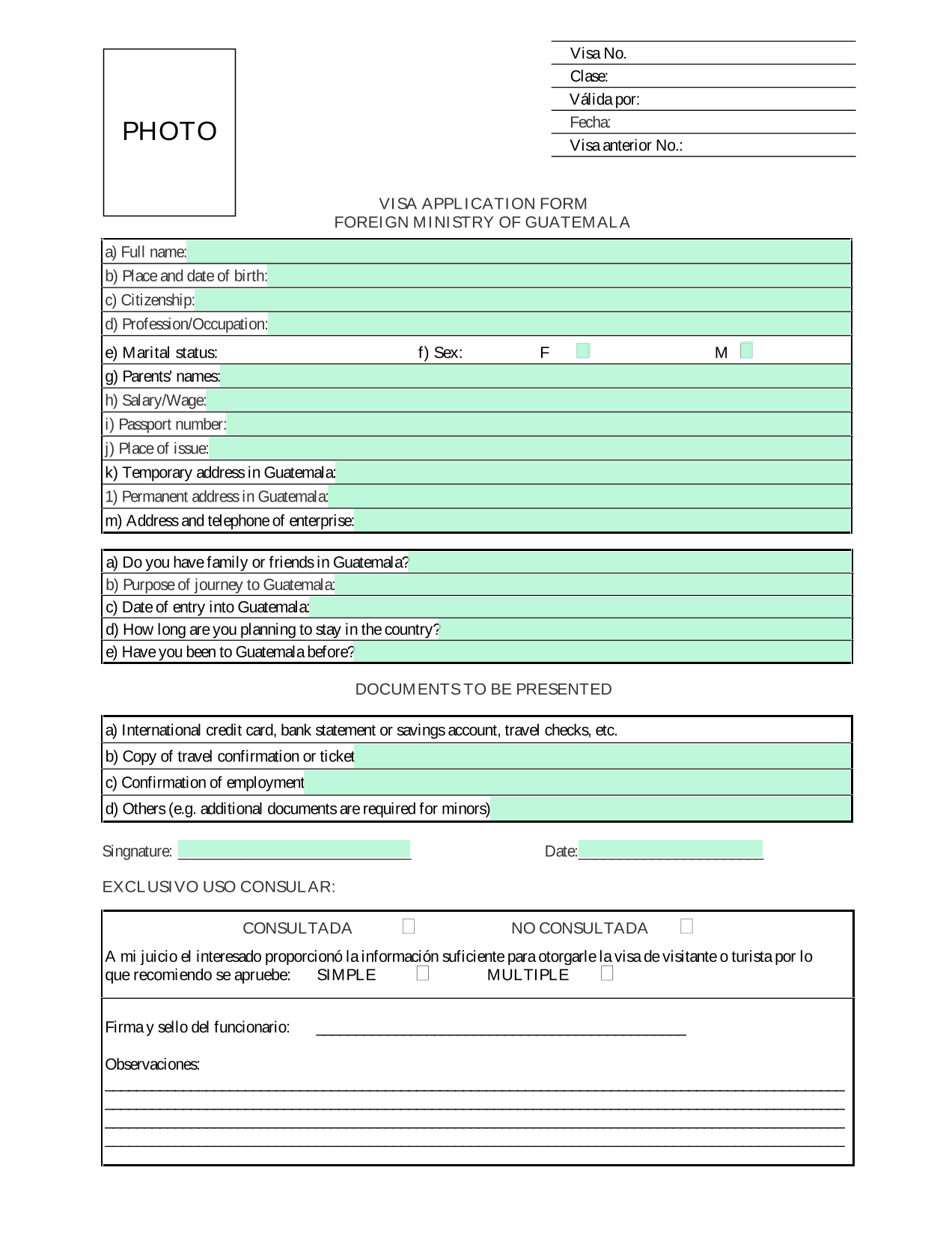 VISA APPLICATION FORM screenshot