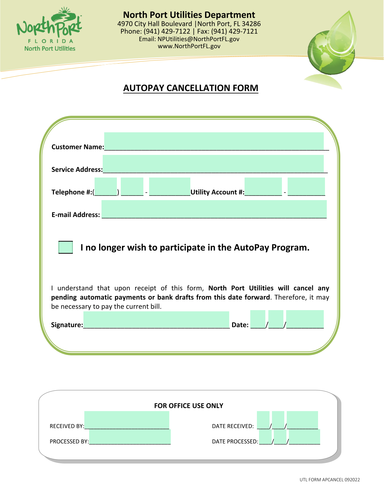 AutoPay Cancellation Form screenshot