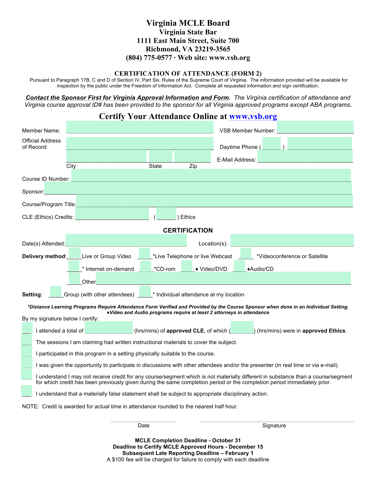 Certification Of Attendance (Form 2) screenshot