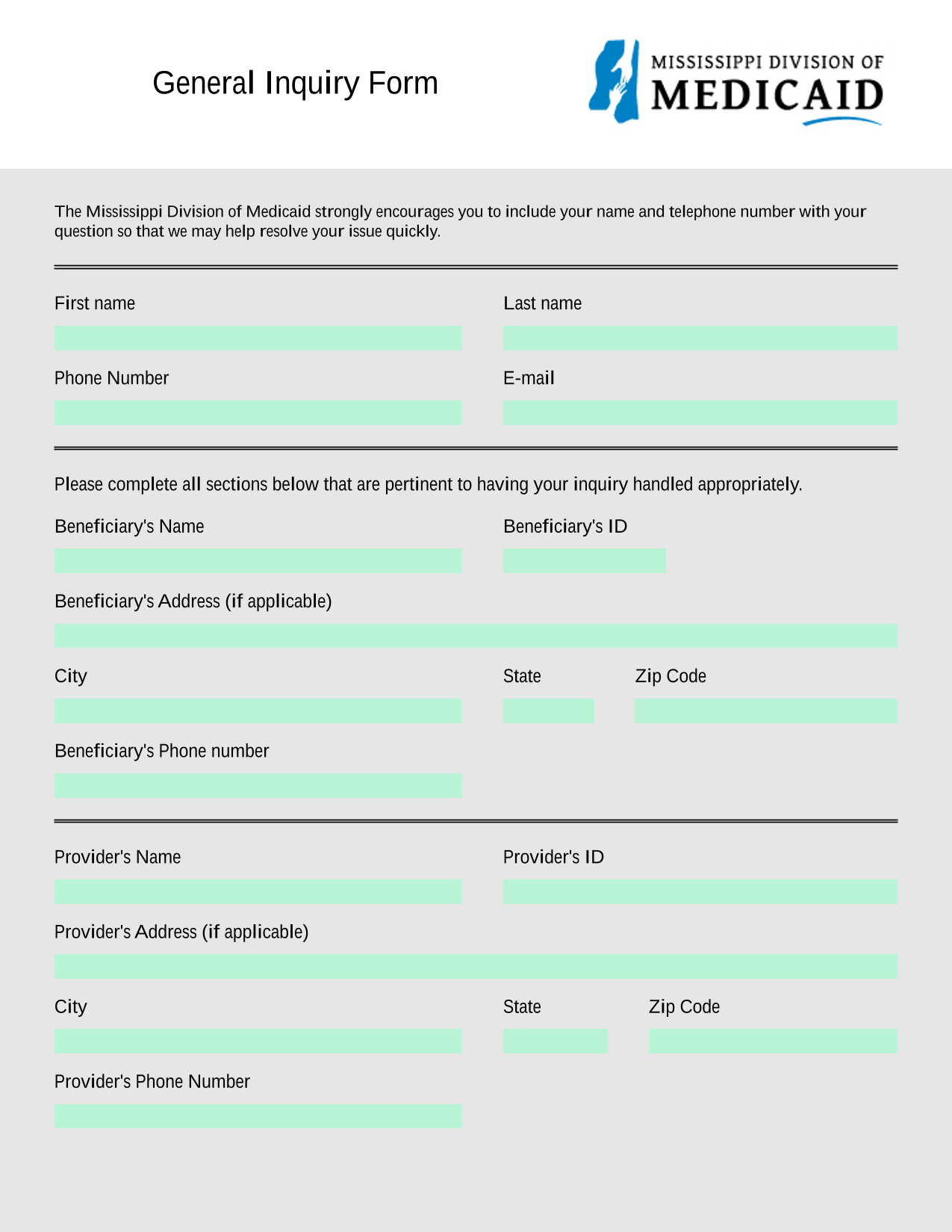 General Inquiry Form screenshot