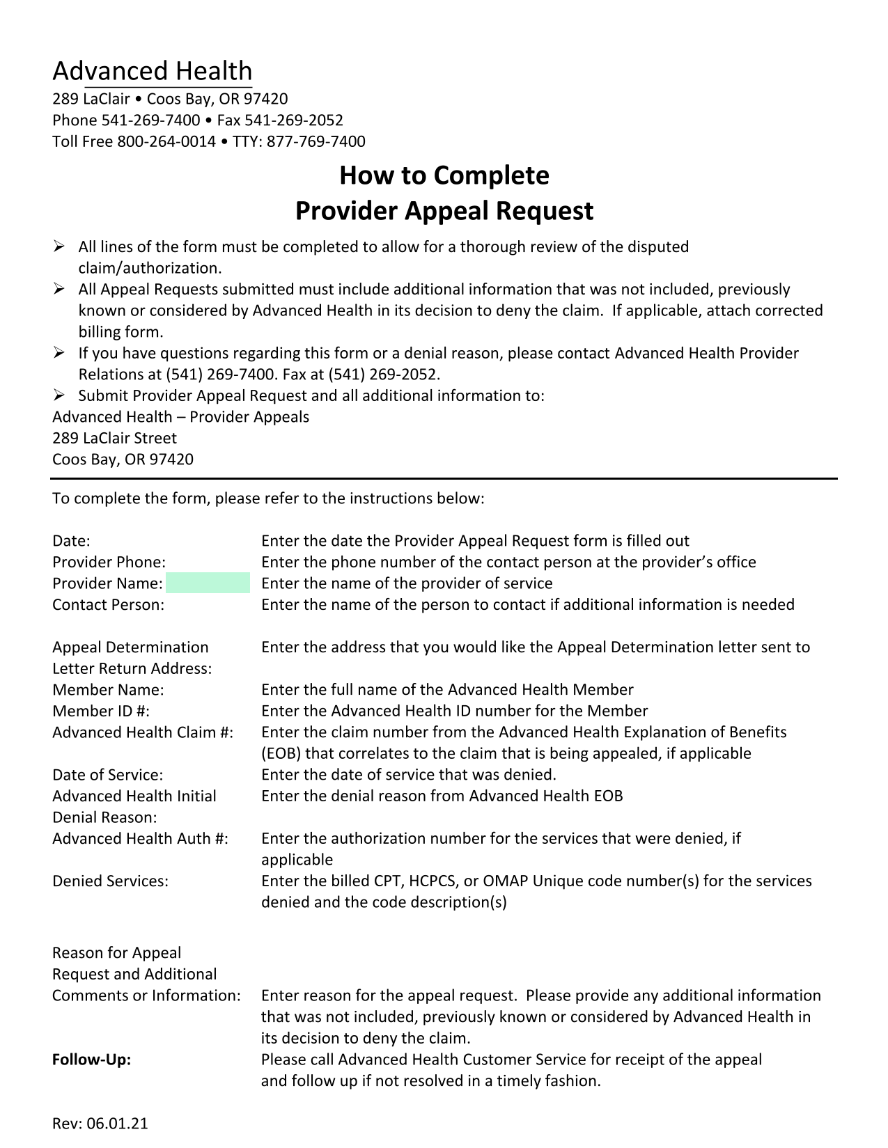 Provider Appeal Request screenshot