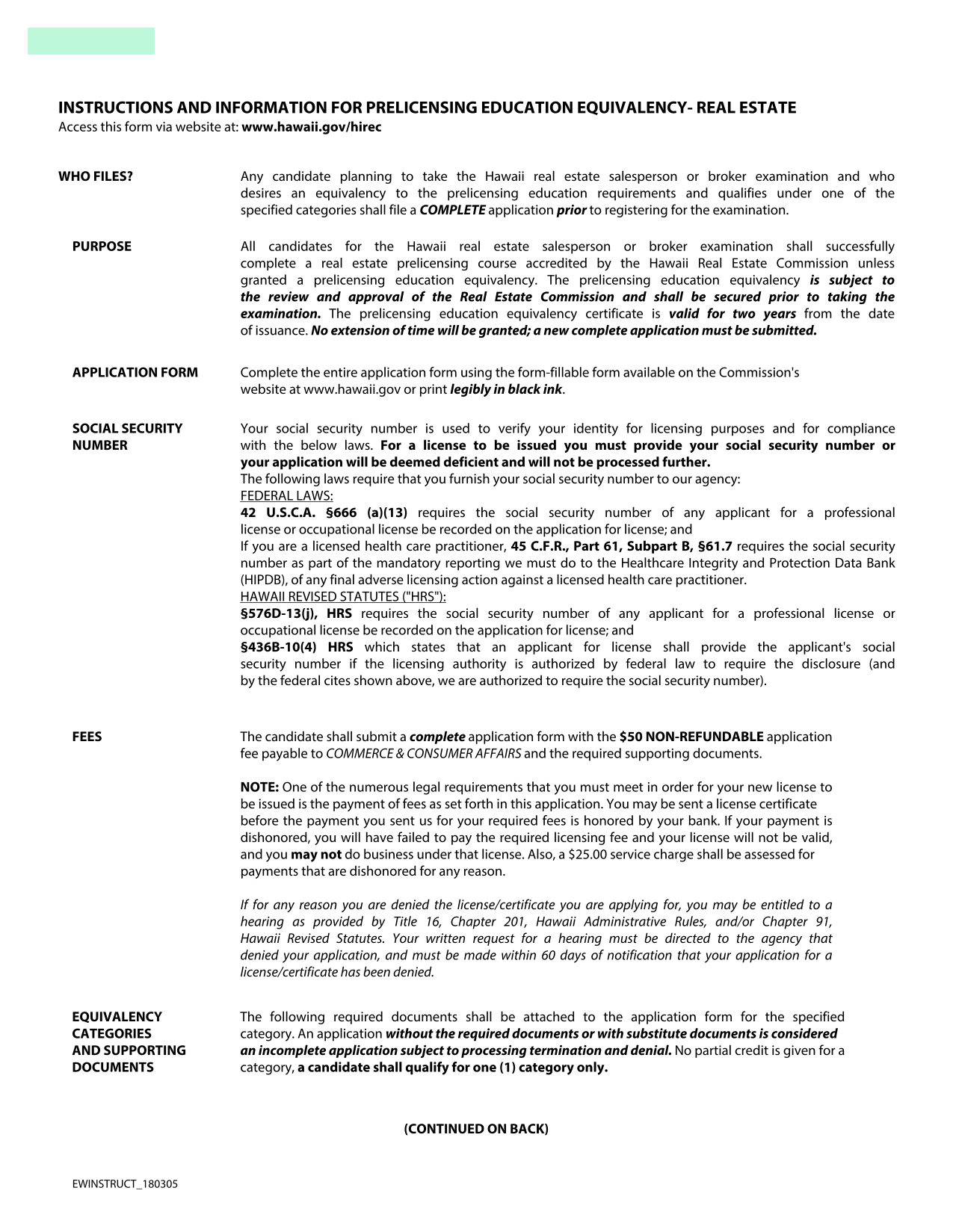 INSTRUCTIONS AND INFORMATION FOR PRELICENSING EDUCATION EQUIVALENCY  REAL ESTATE screenshot