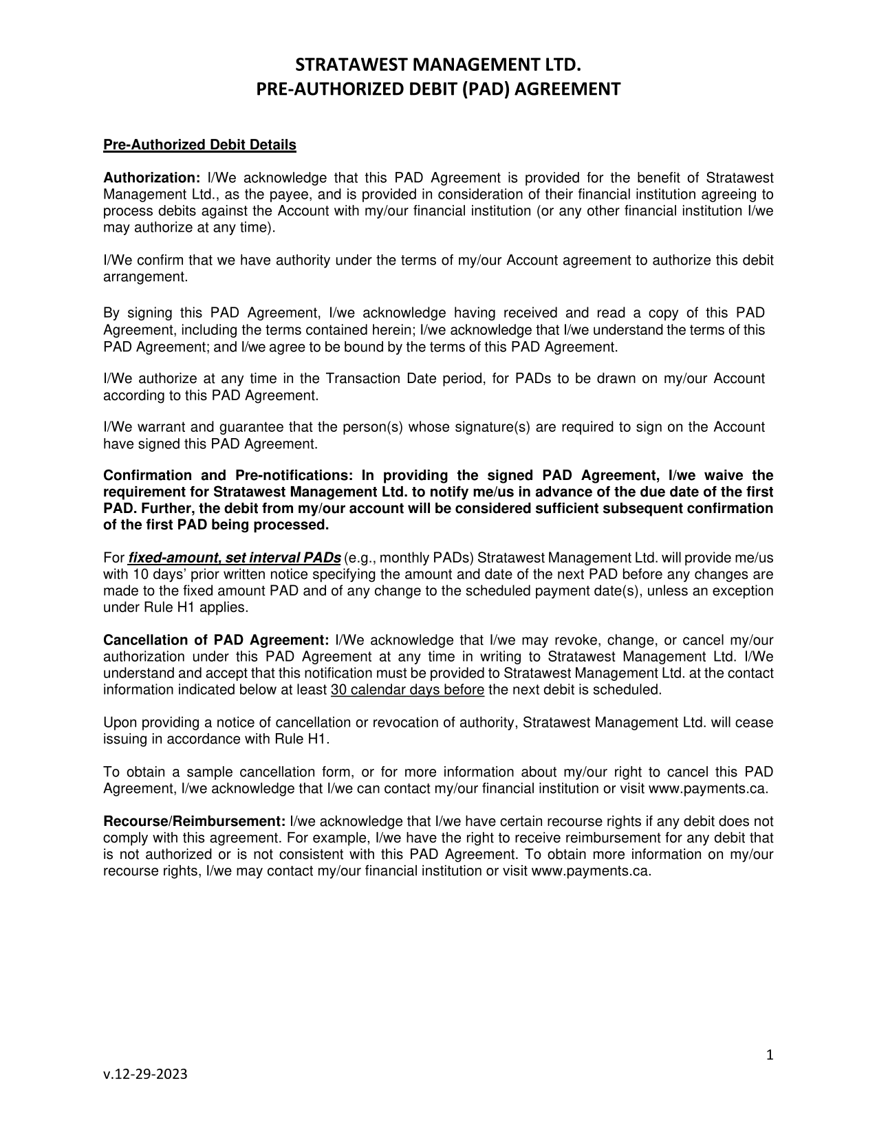 Pre Authorized Debit (PAD) Agreement screenshot
