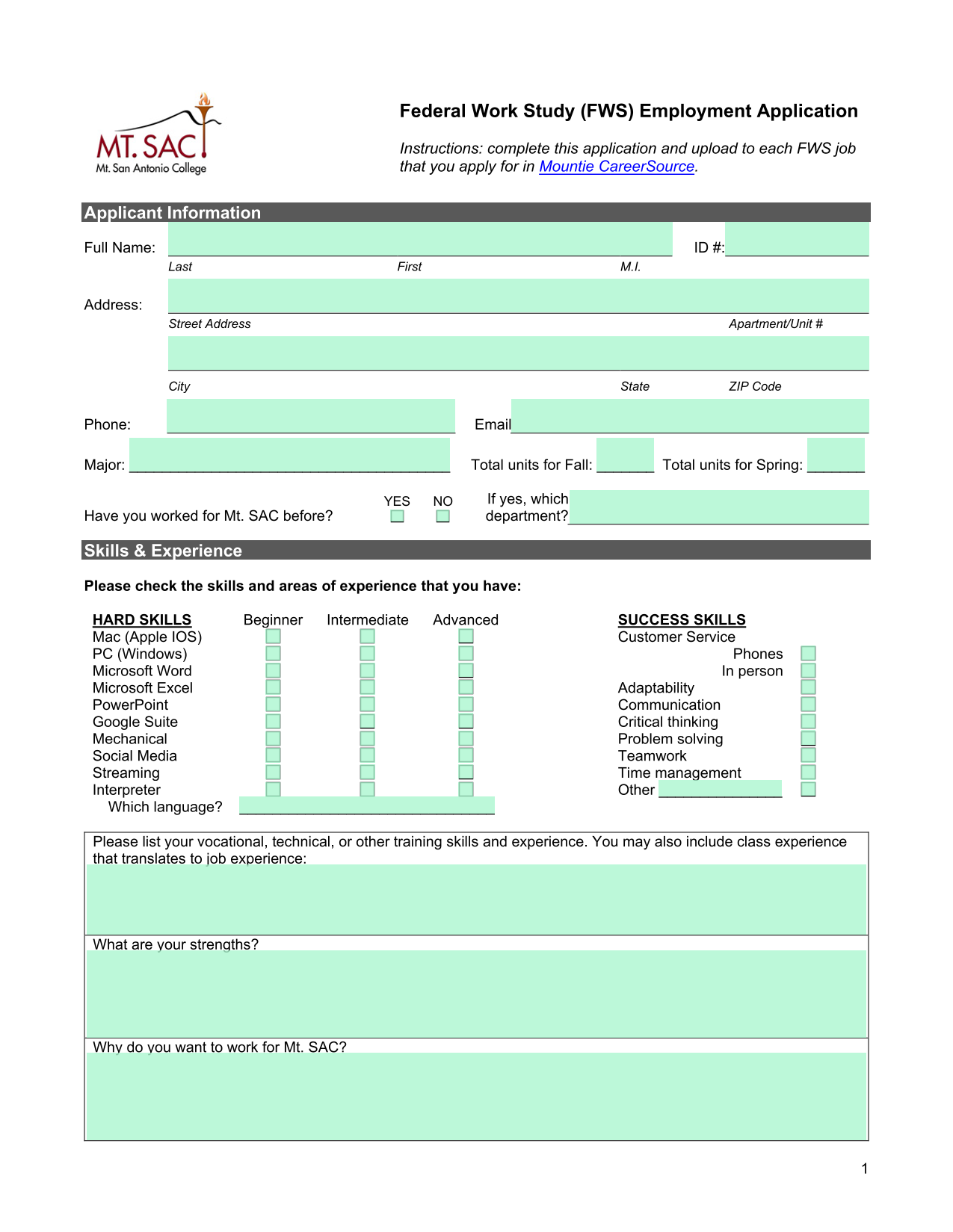 Federal Work Study (FWS) Employment Application screenshot
