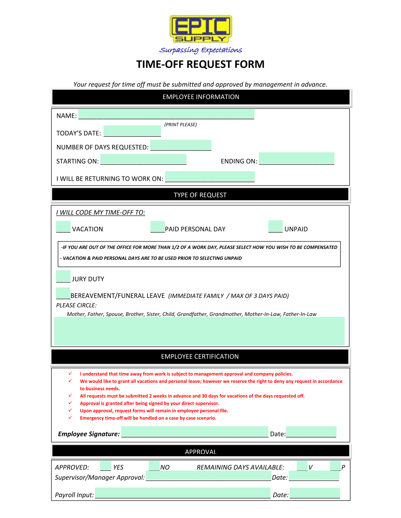 TIME OFF REQUEST FORM screenshot