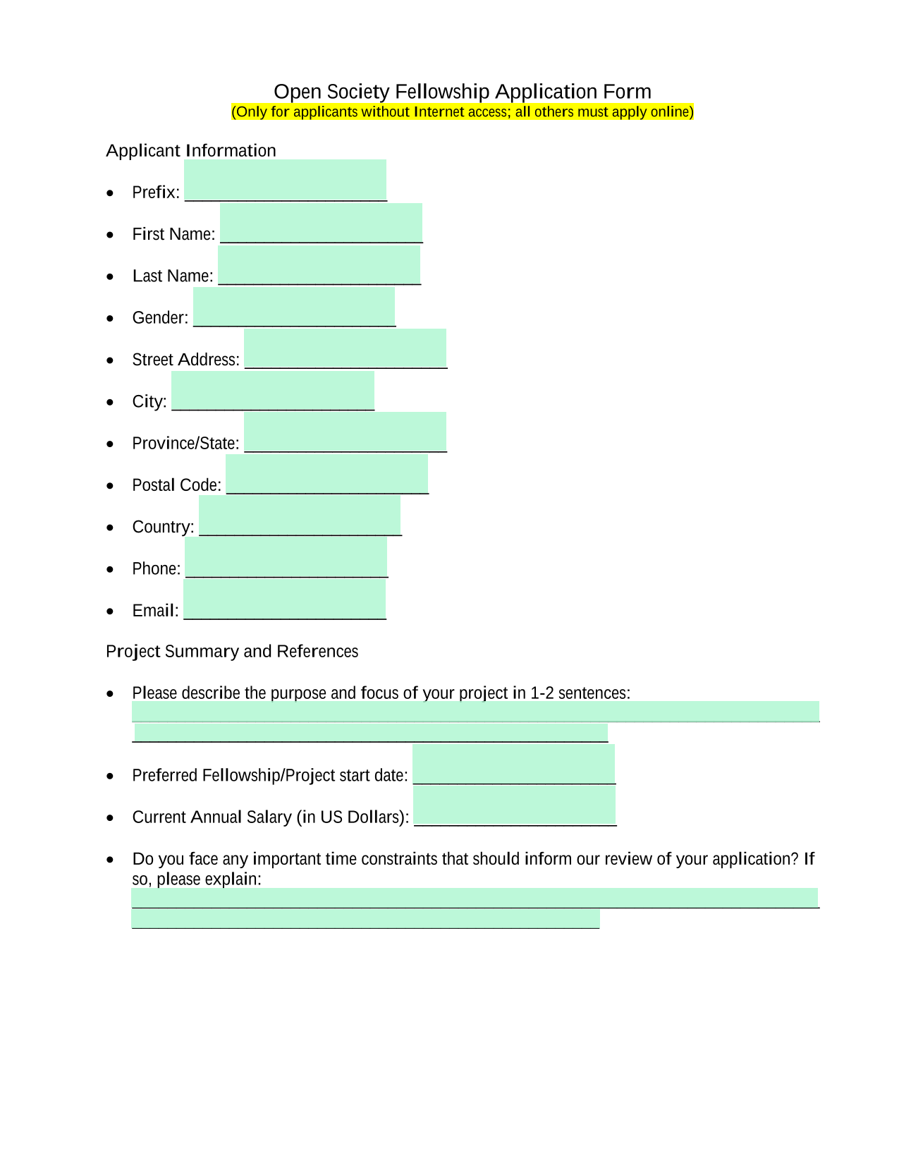 Open Society Fellowship Application Form screenshot