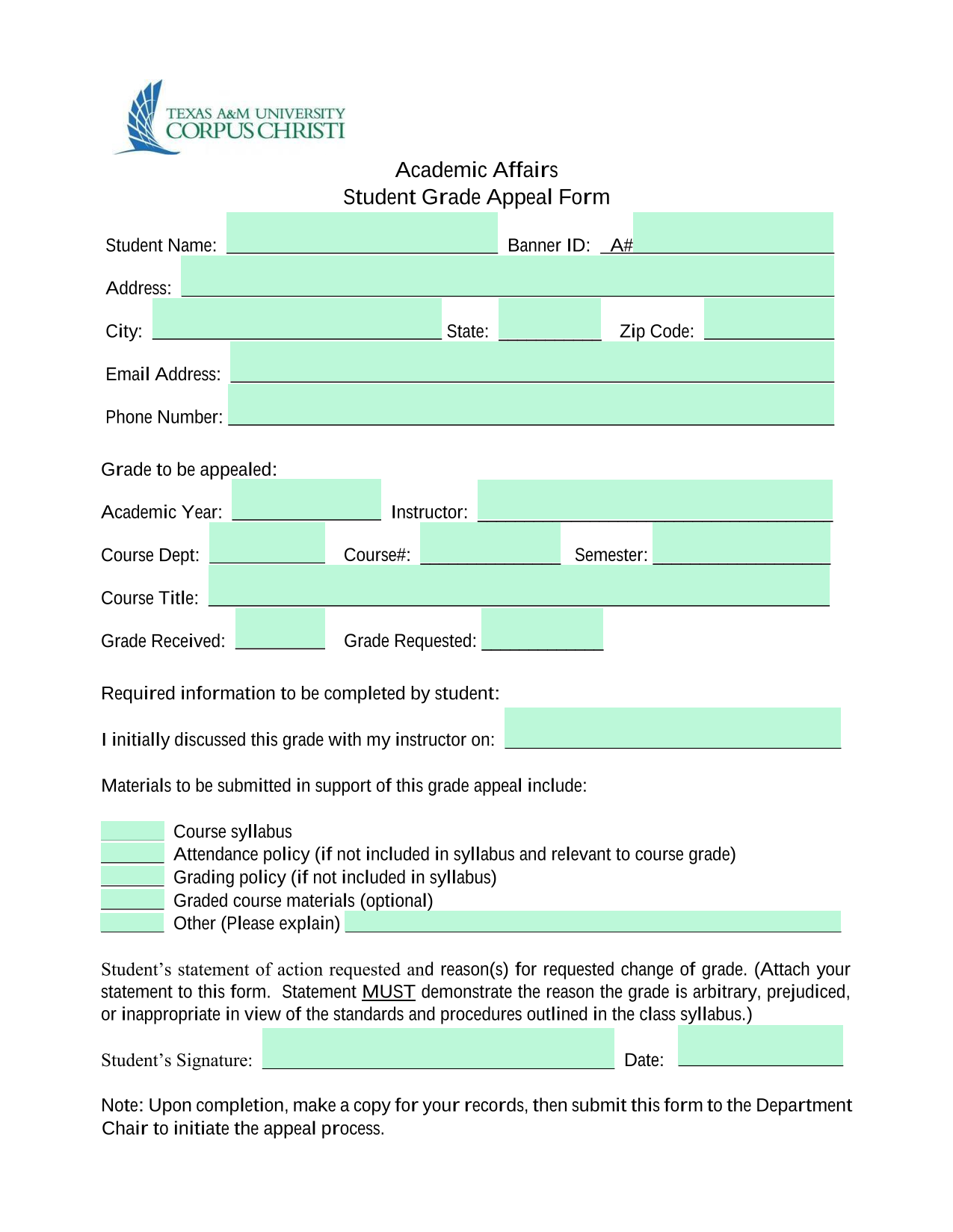 Student Grade Appeal Form screenshot