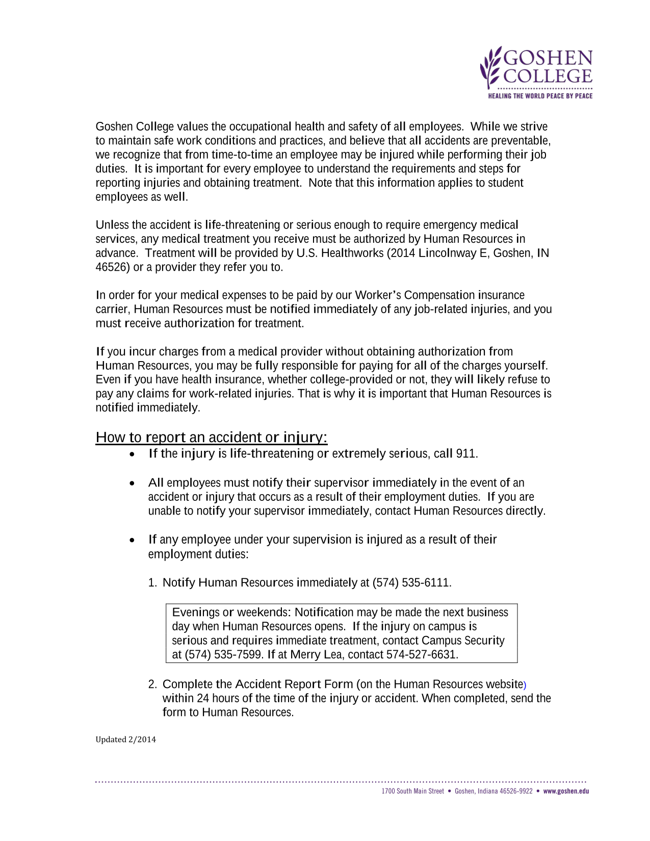 Goshen College Workplace Injury And Reporting Procedure screenshot