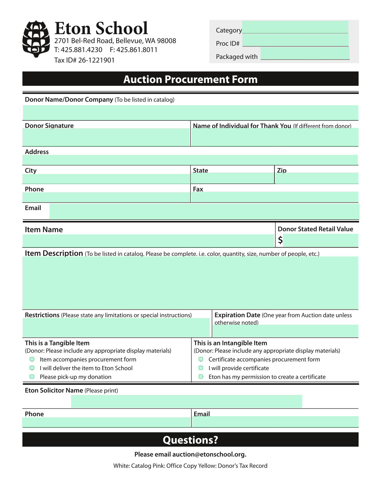 Auction Procurement Form screenshot