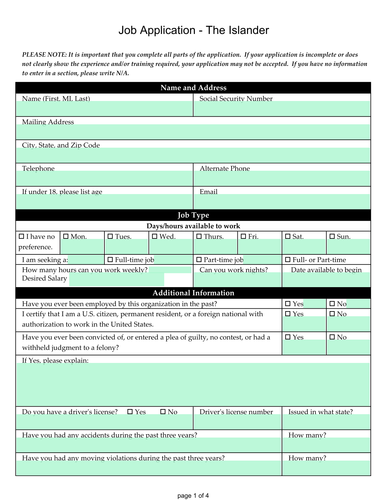 Employment Application screenshot