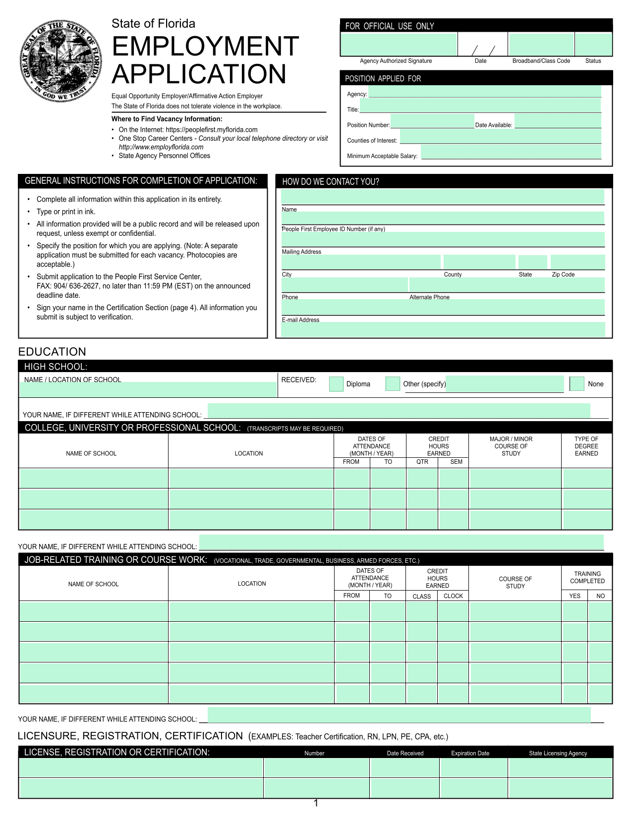 Employment Application Form screenshot
