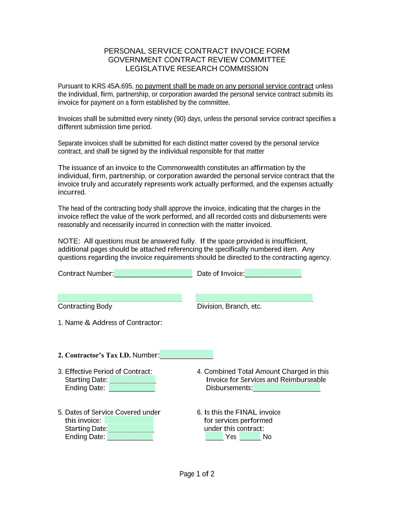 PERSONAL SERVICE CONTRACT INVOICE FORM screenshot