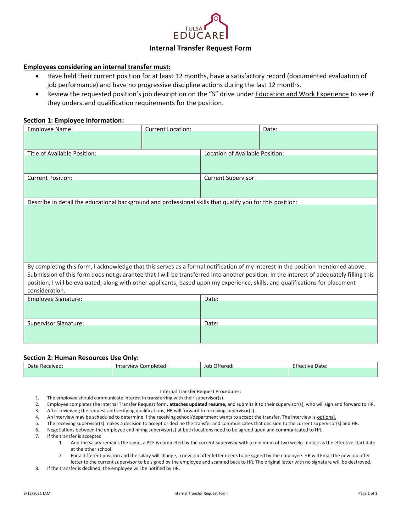 Internal Transfer Request Form screenshot