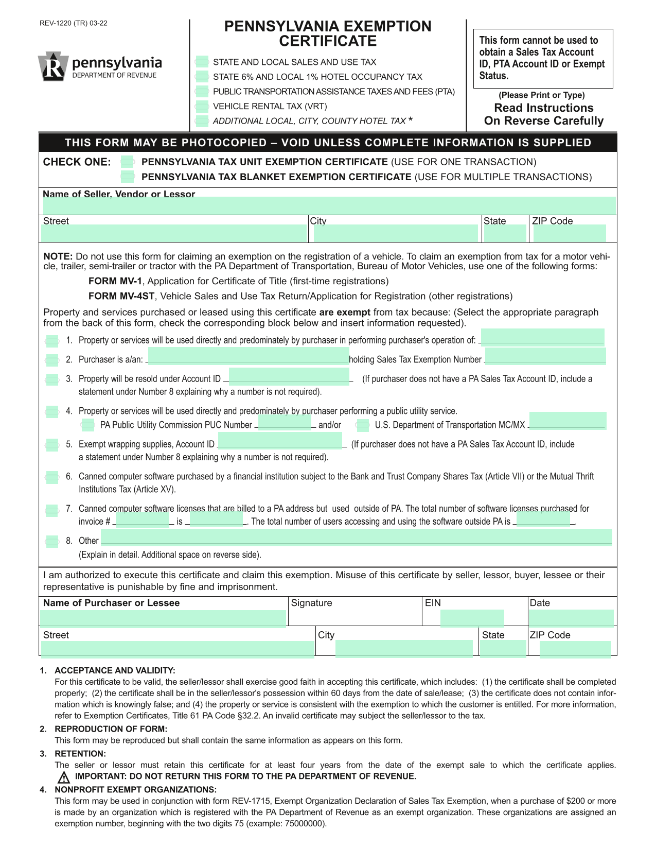 Pennsylvania Tax Unit Exemption Certificate screenshot