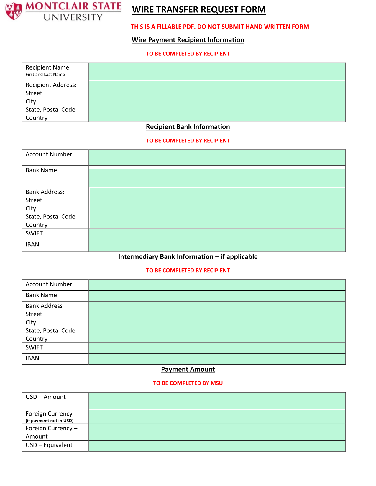 Wire Transfer Request Form screenshot