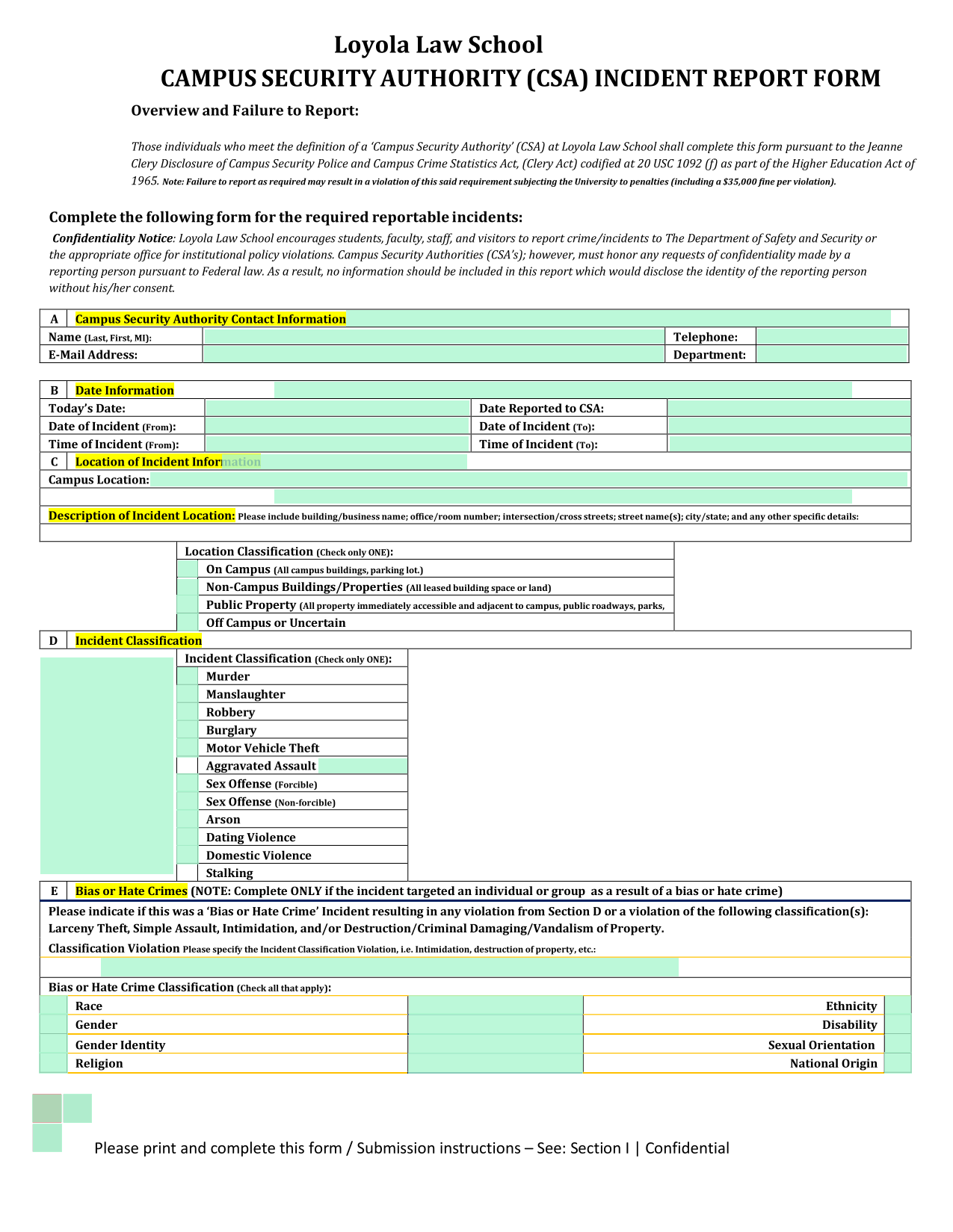 Campus Security Authority (CSA) Incident Report Form screenshot