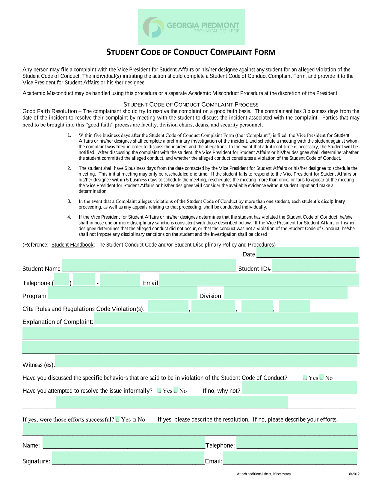 Student Code Of Conduct Complaint Form screenshot
