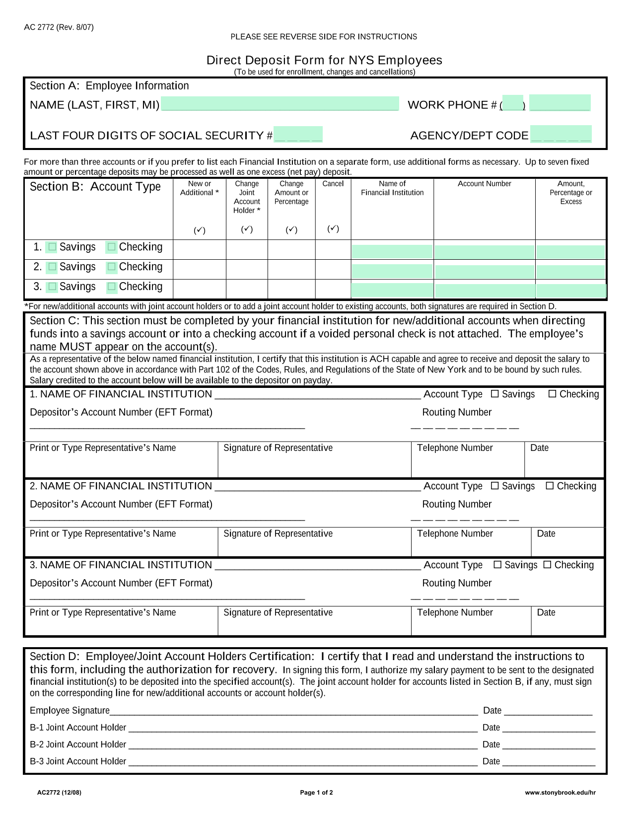 Direct Deposit Form For NYS Employees screenshot
