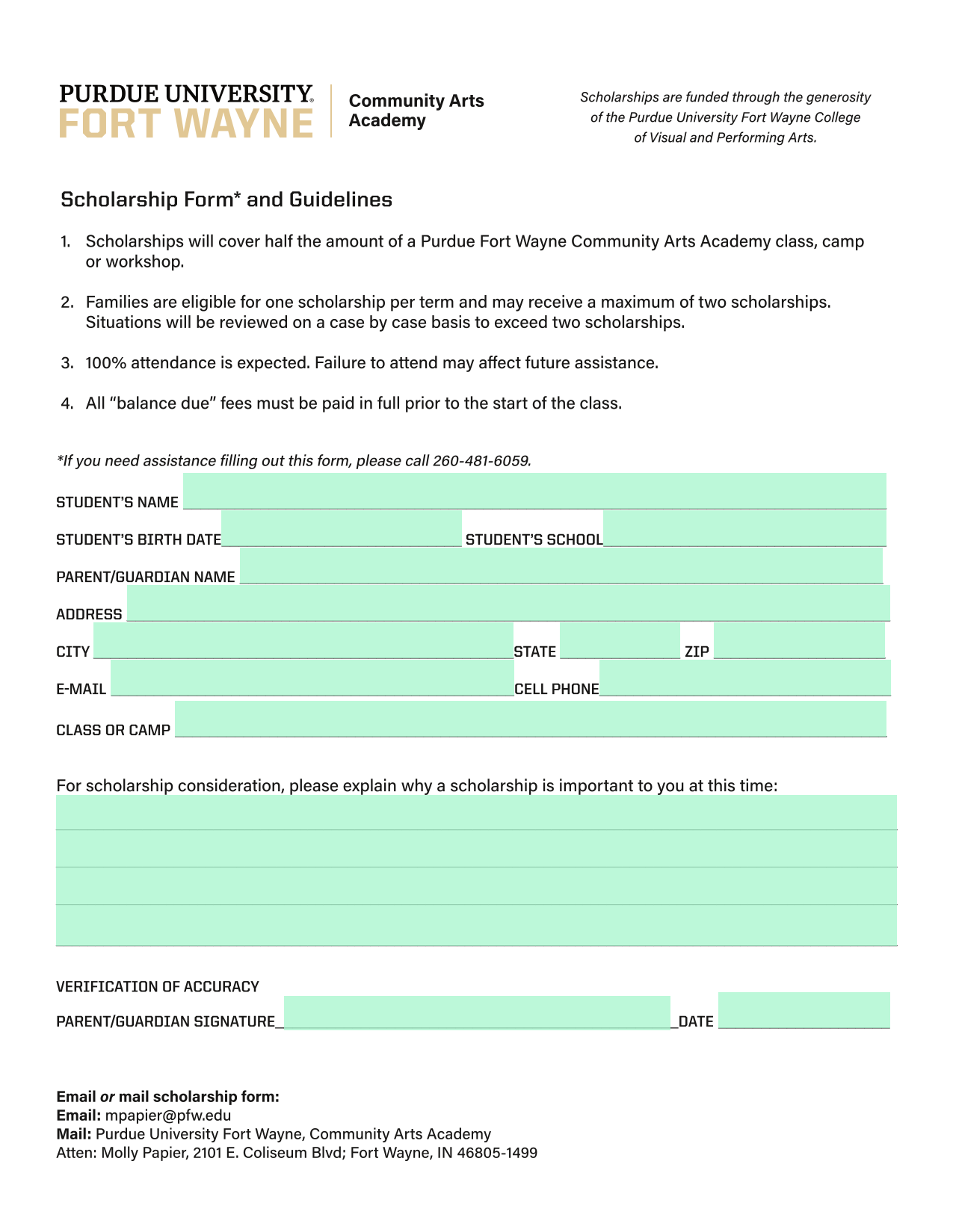 Scholarship Form screenshot