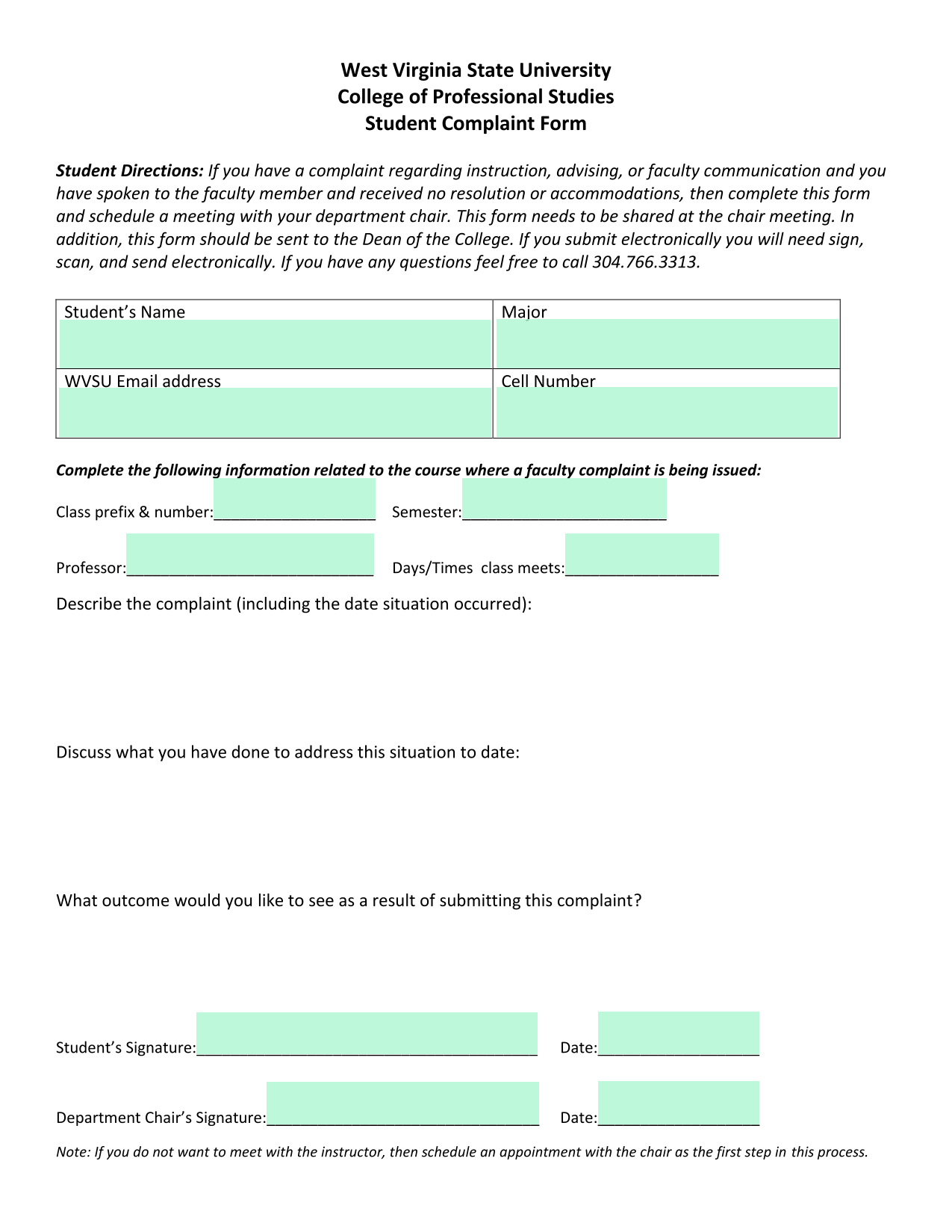 Student Complaint Form screenshot