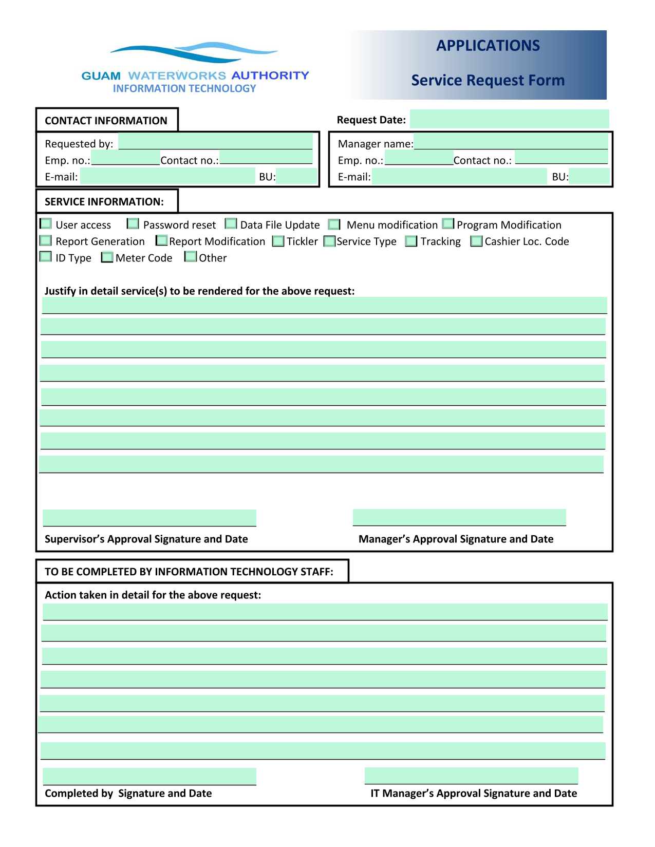 Service Request Form screenshot