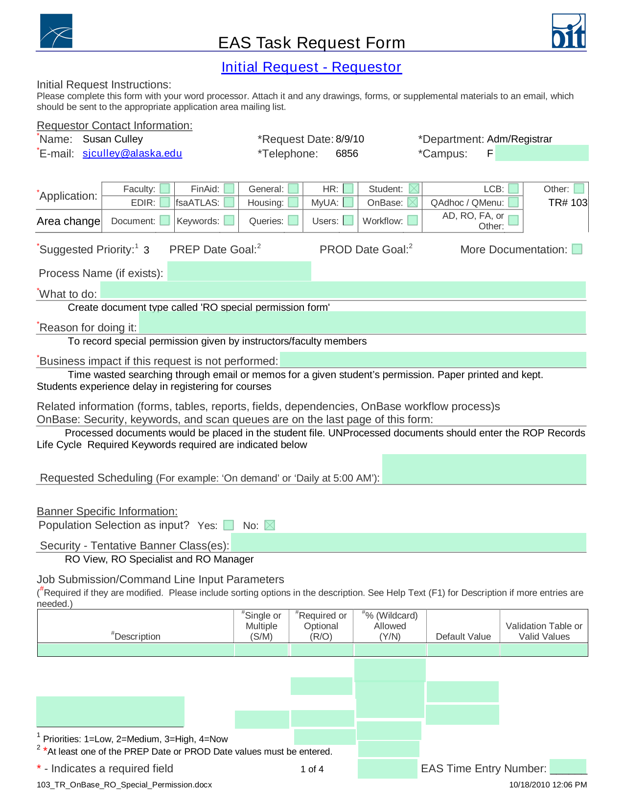 EAS Task Request Form screenshot