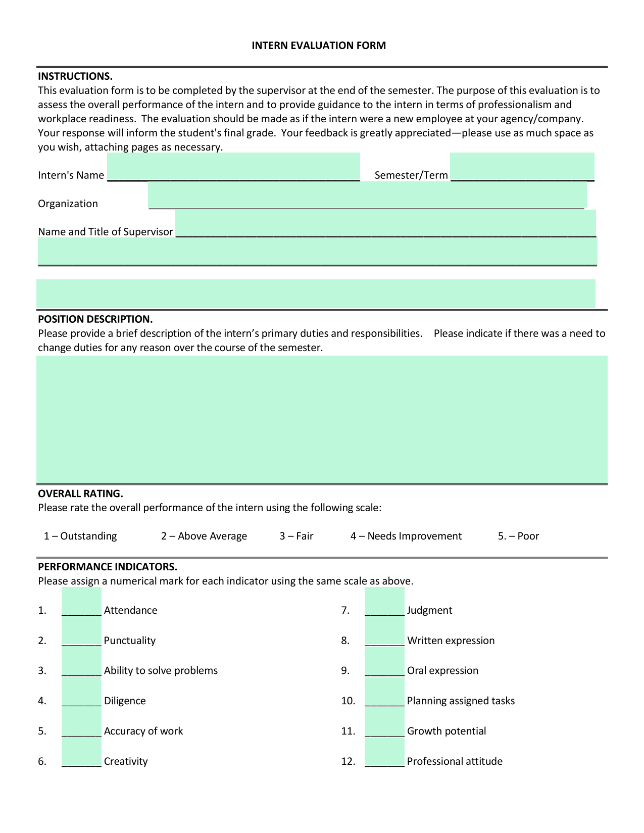 INTERN EVALUATION FORM screenshot