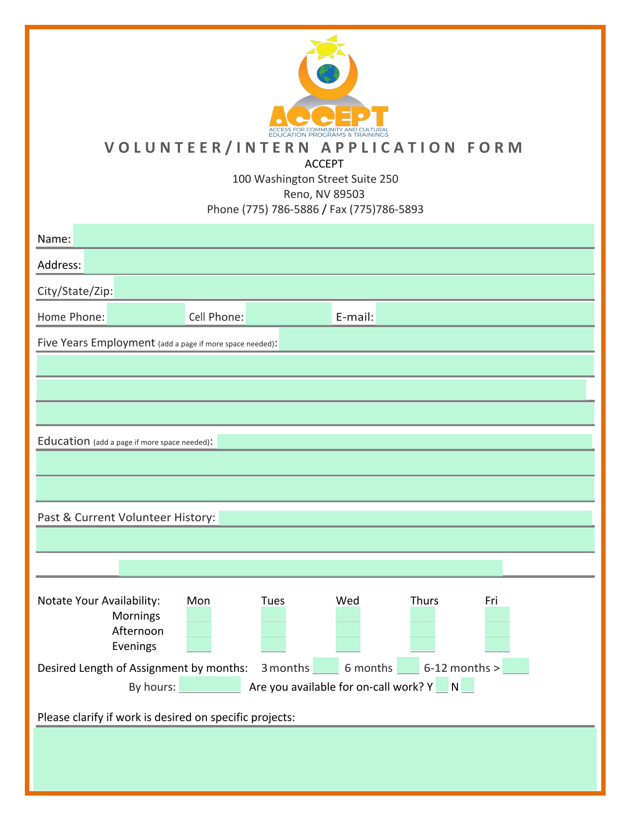 VolunteerIntern Application Form screenshot