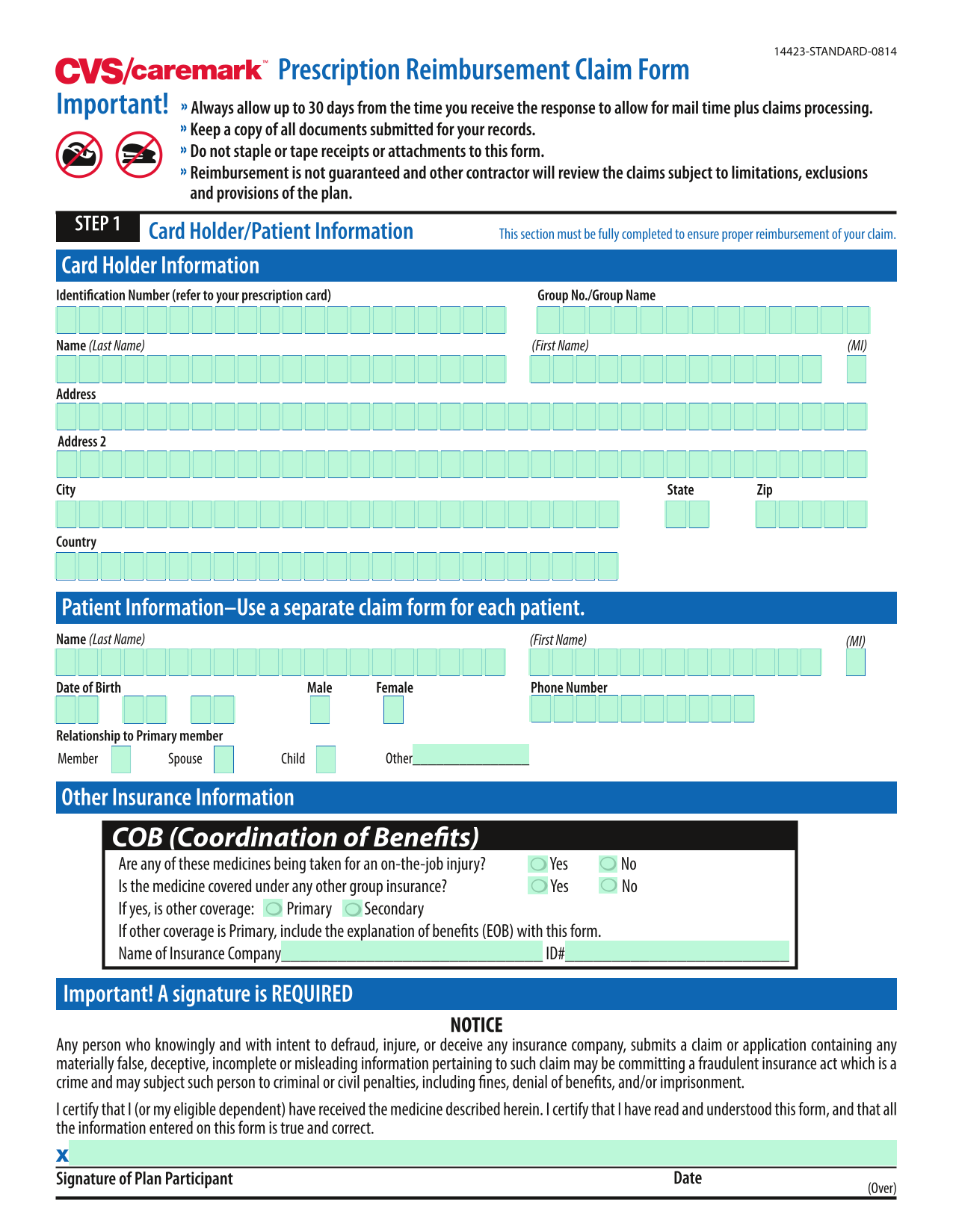 Prescription Reimbursement Claim Form screenshot
