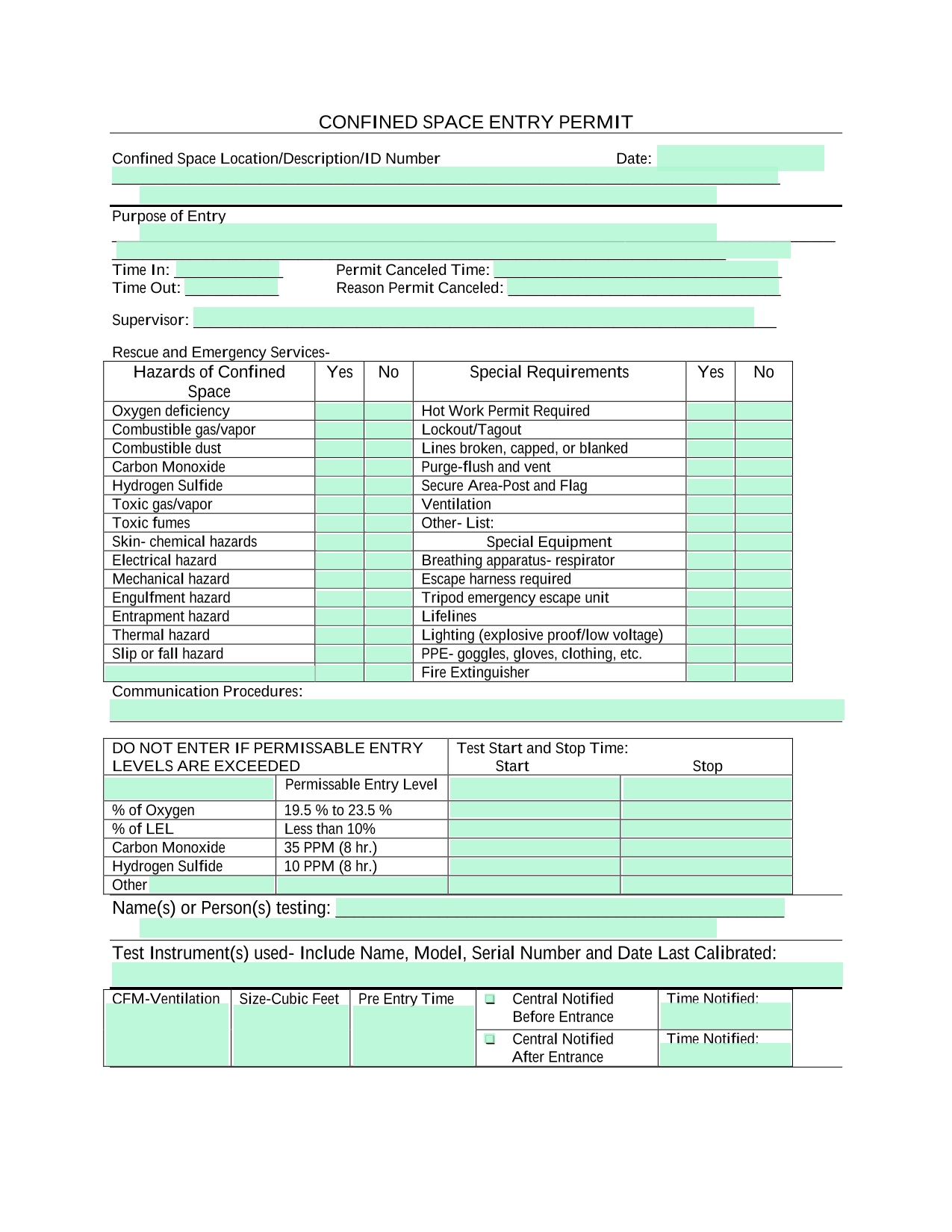 Confined Space Entry Permit screenshot