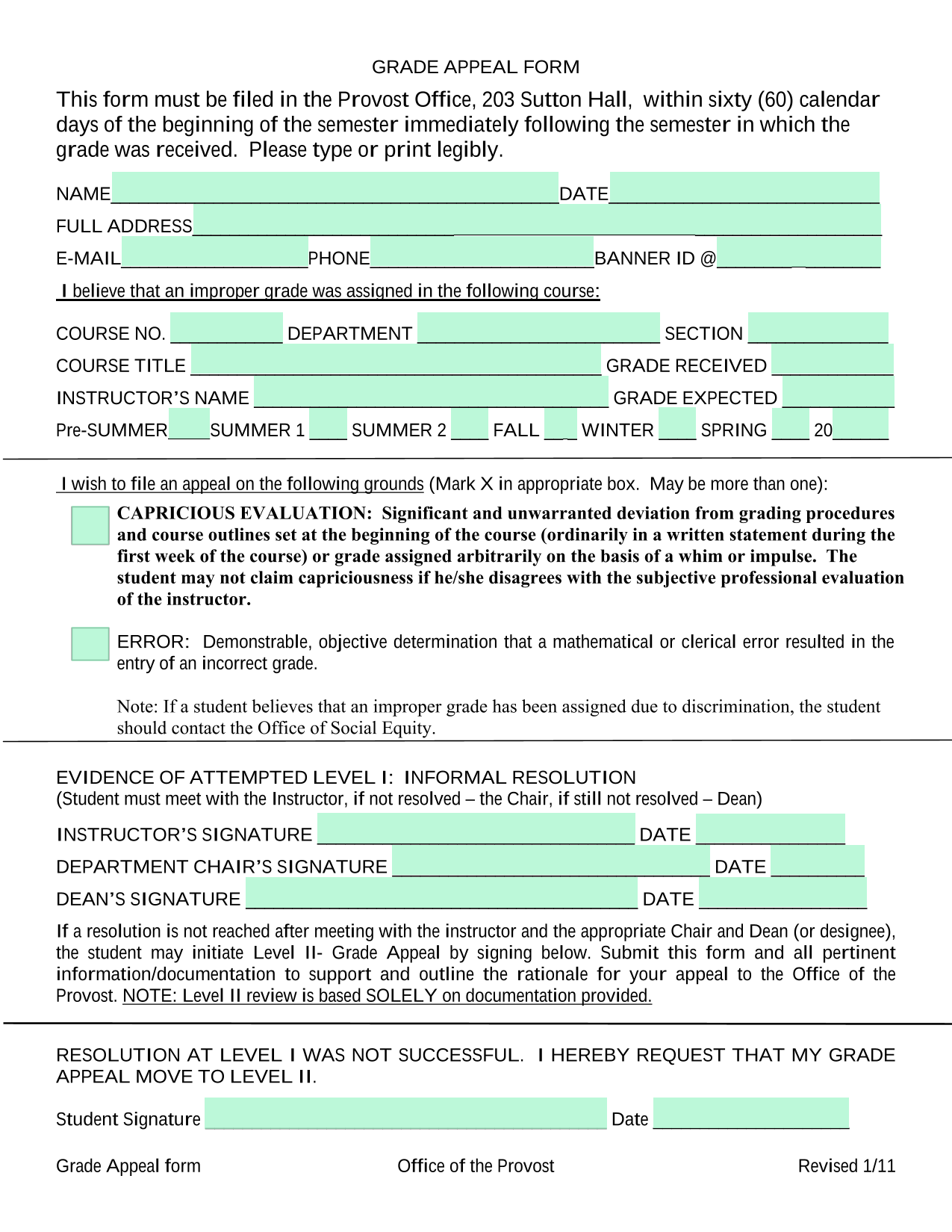 Grade Appeal Form screenshot