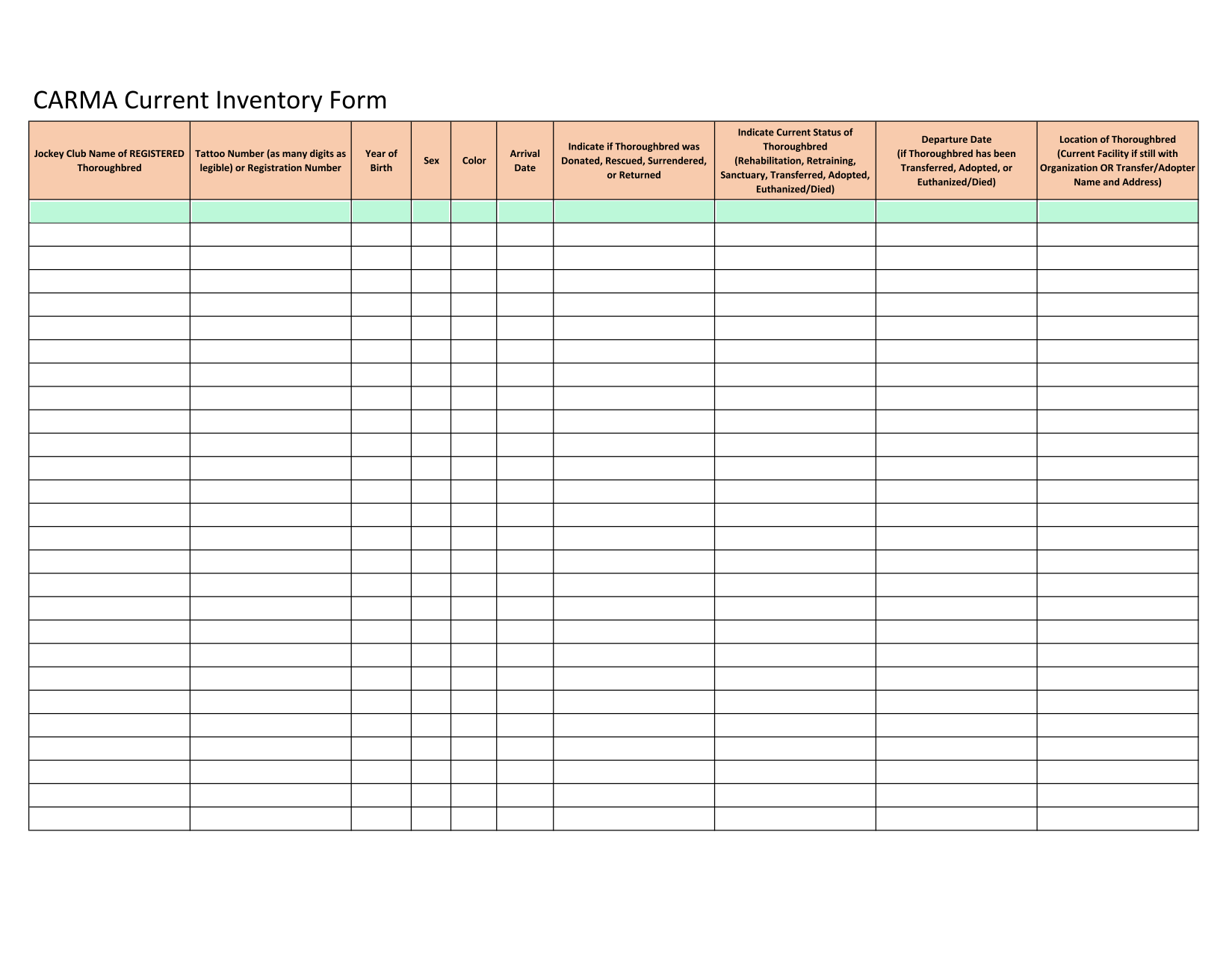 CARMA Current Inventory Form screenshot