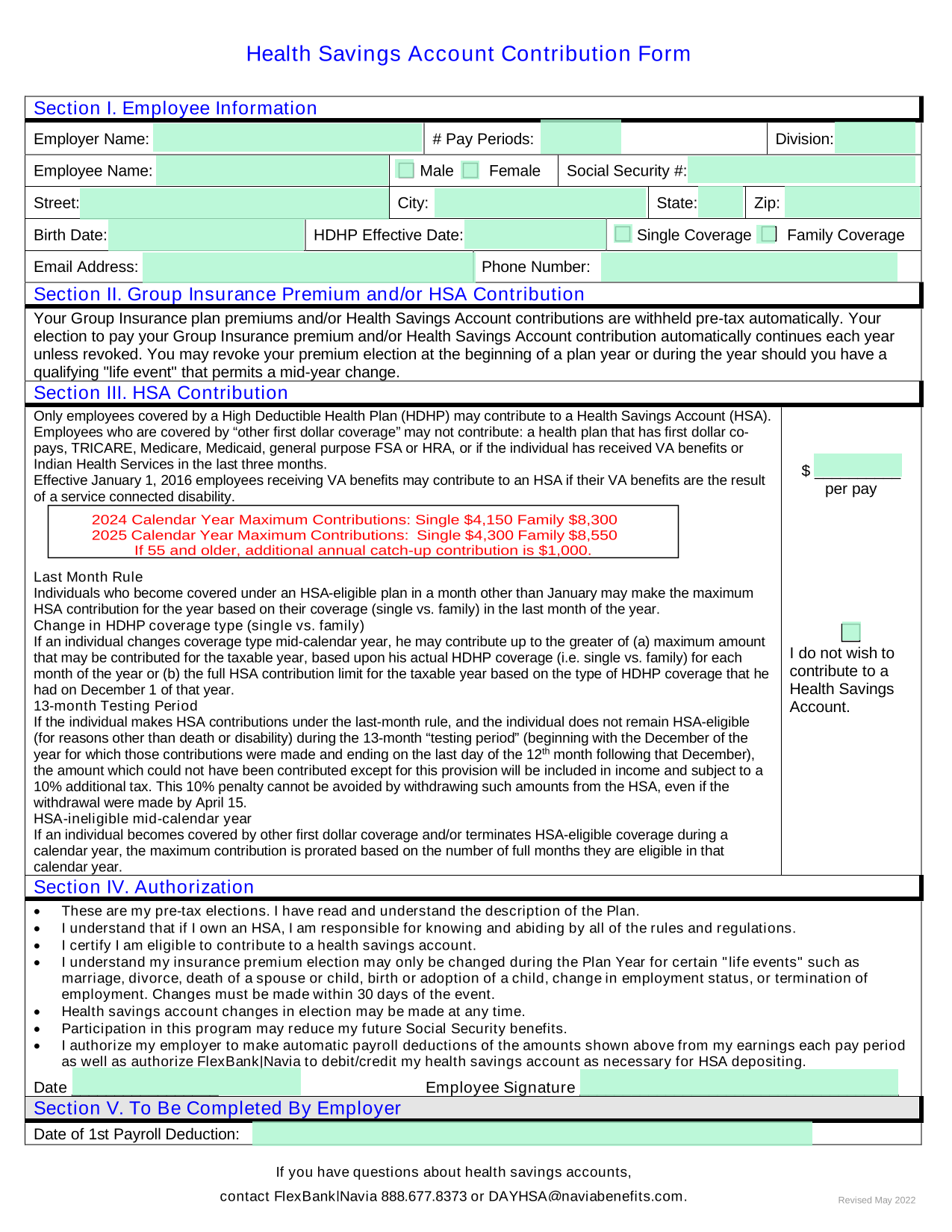 Health Savings Account (HSA) Contribution Form screenshot