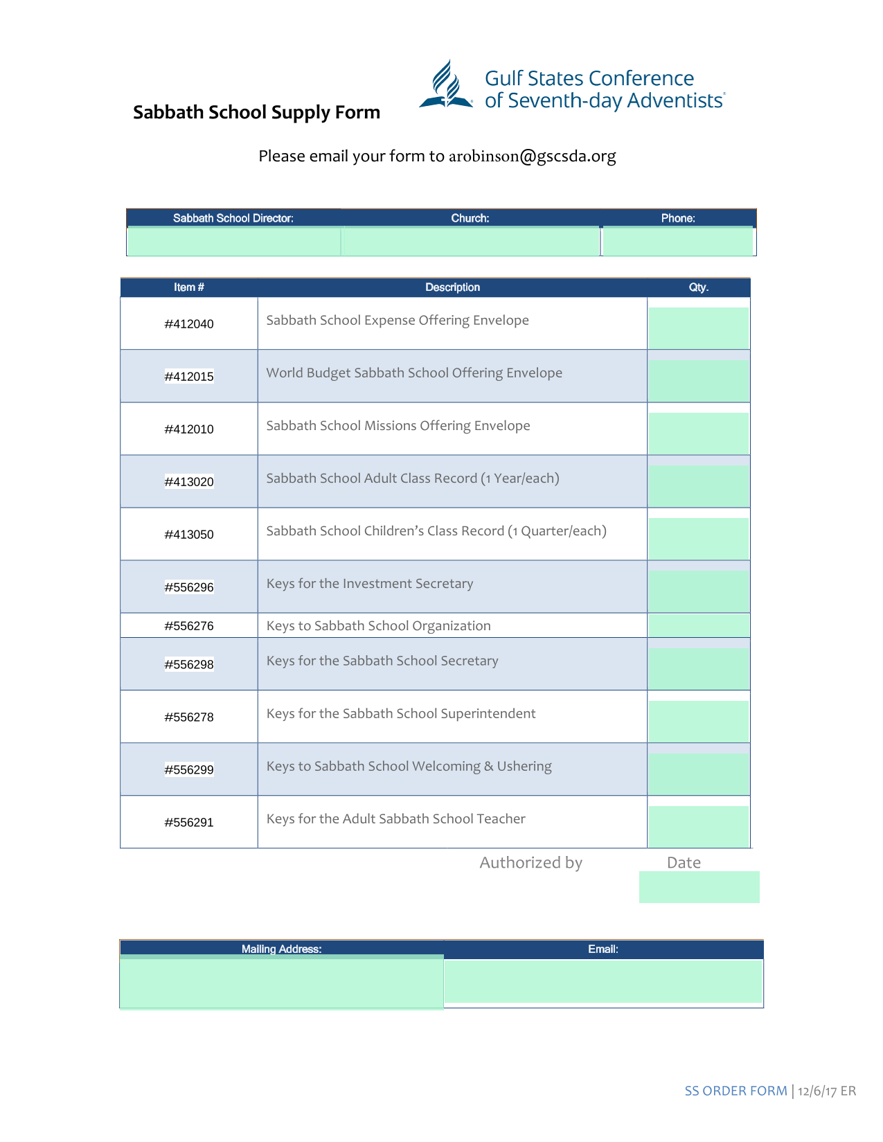 Sabbath School Supply Form screenshot
