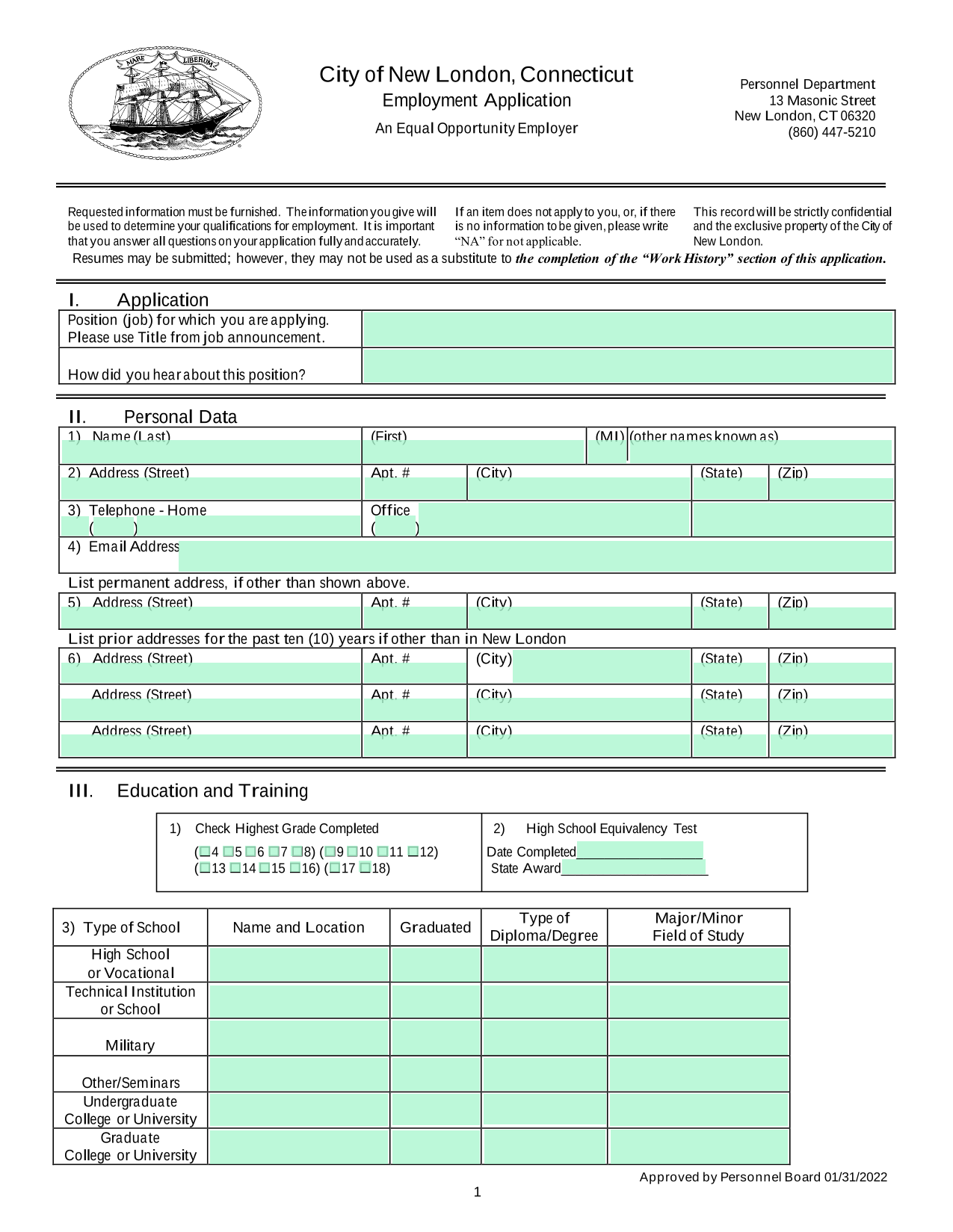 Employment Application Form screenshot