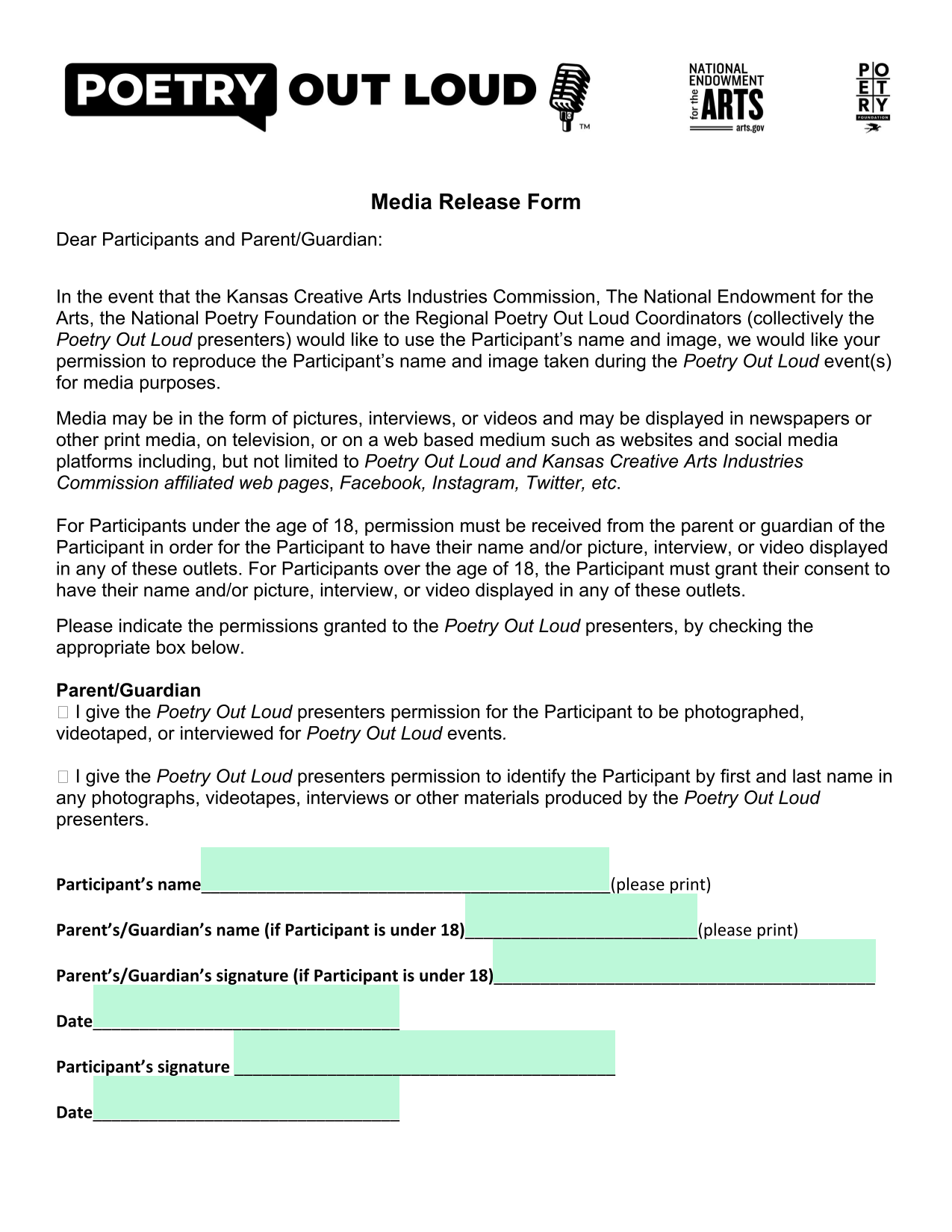 Media Release Form screenshot